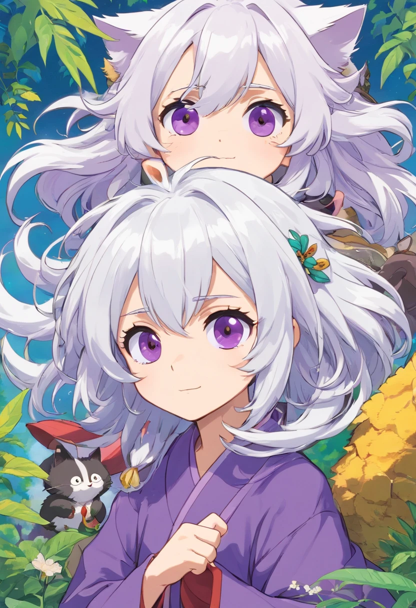 Create an anime-style illustration of a small Tontata-style man with intricate details. The character should have (((white hair))), (((purple eyes))), and a playful appearance, featuring both a raccoon tail and raccoon ears. Additionally, give him fluffy, cat-like ears and furry, Tontata-style design elements inspired by Leo Tontata from One Piece. Capture the essence of the character's whimsical and unique appearance. Ensure the artwork is of (((high-quality))) and (((extreme detail))). Incorporate textures and colors that pay homage to Leo Tontata's design while adding your own creative touch. Three related artists for this style are Eiichiro Oda, Mamoru Hosoda, and Studio Ghibli."