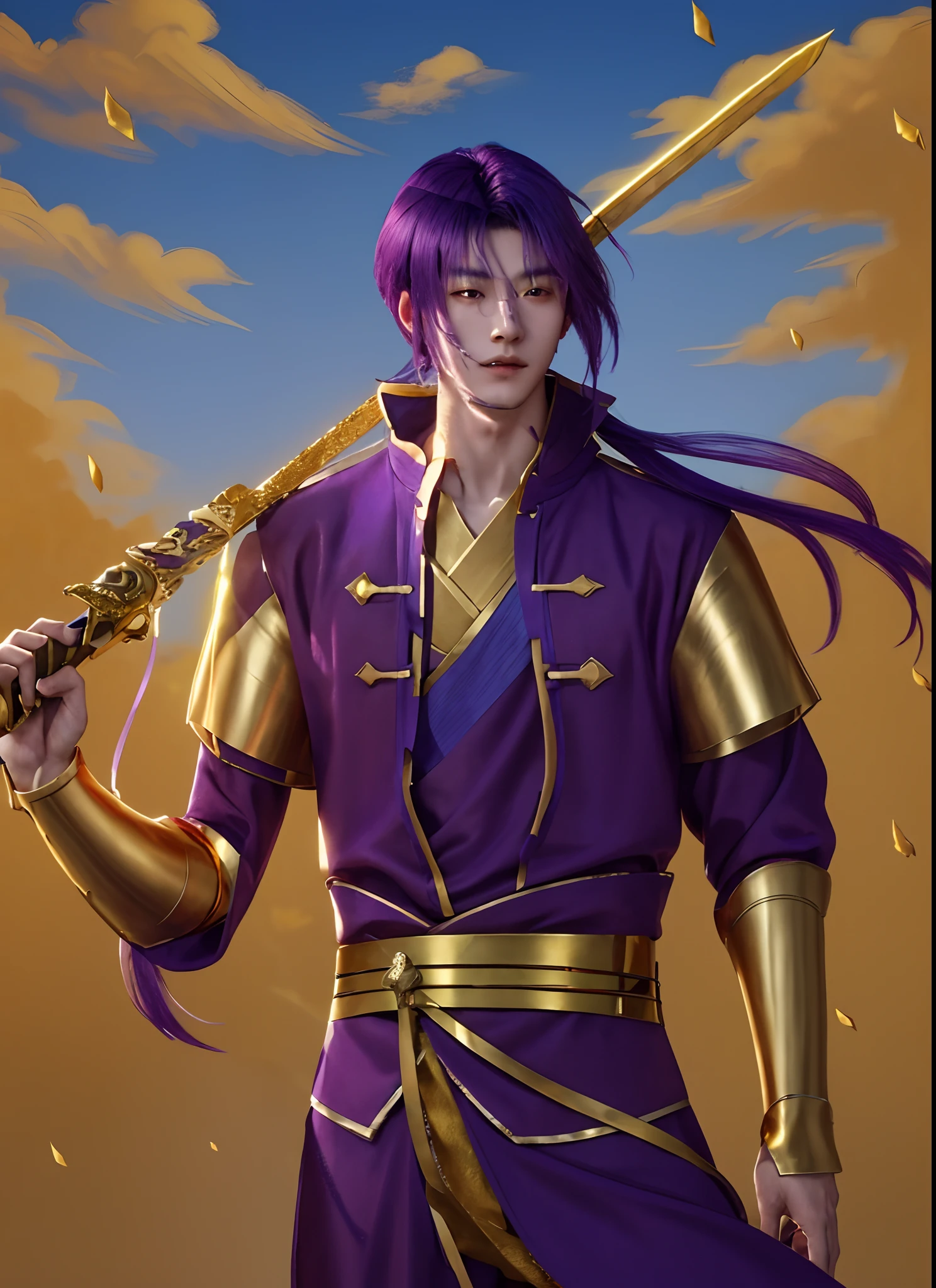 a handsome young chinese man with purple hair holding a sword, (((golden sword))) , blue sky scenery, Dark Chinese traditional clothing with red edges