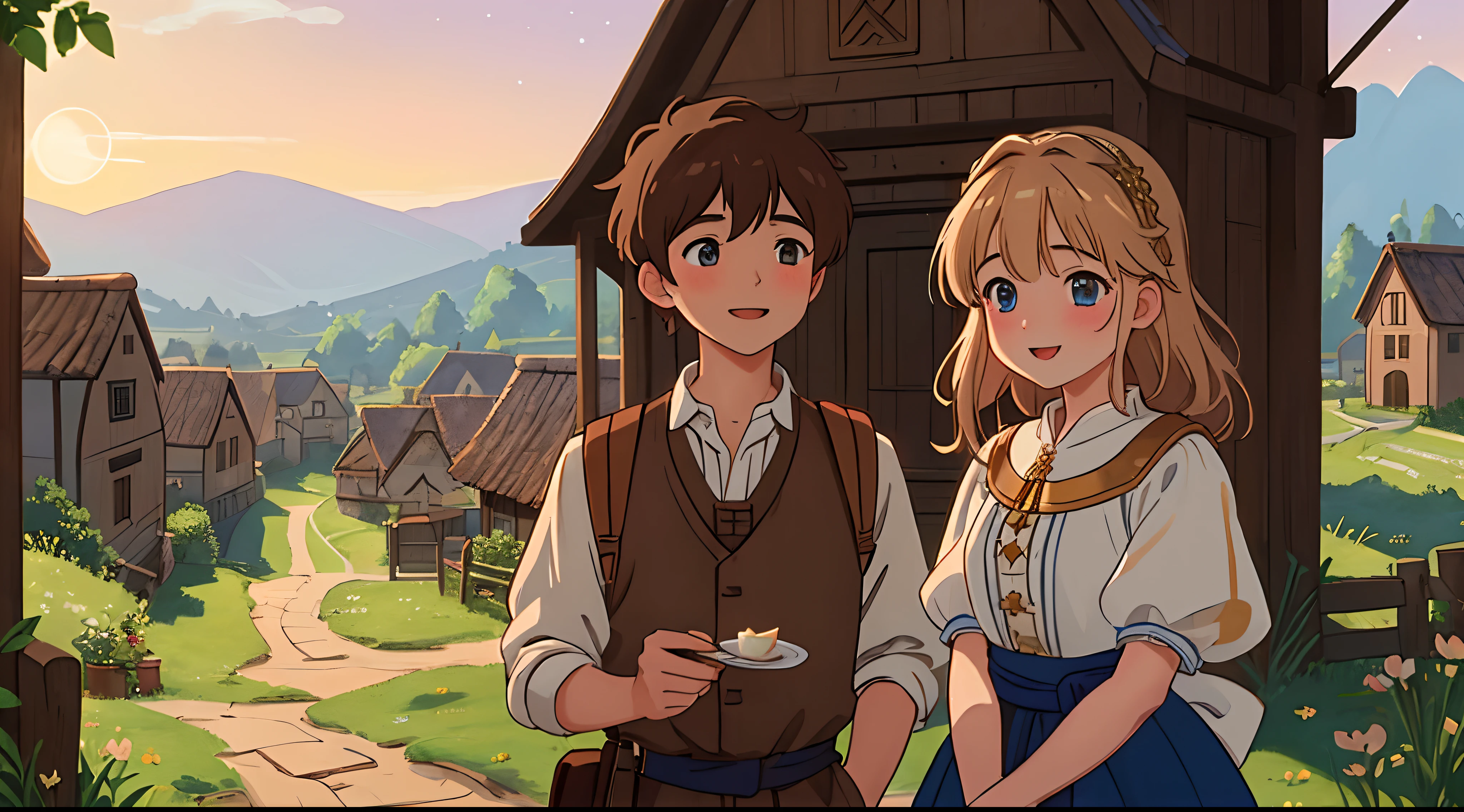 (Best quality:1.2), (masterpiece:1.2), (highly detailed:1.3), 1boy, 1girl, 1peasant boy, brown hair, brown eyes and 1peasant girl, blonde, blue eyes, (chatting), happy, in a peasant village, sunset as day gives way to night, a starry sky begins to appear above, immersive image, anime