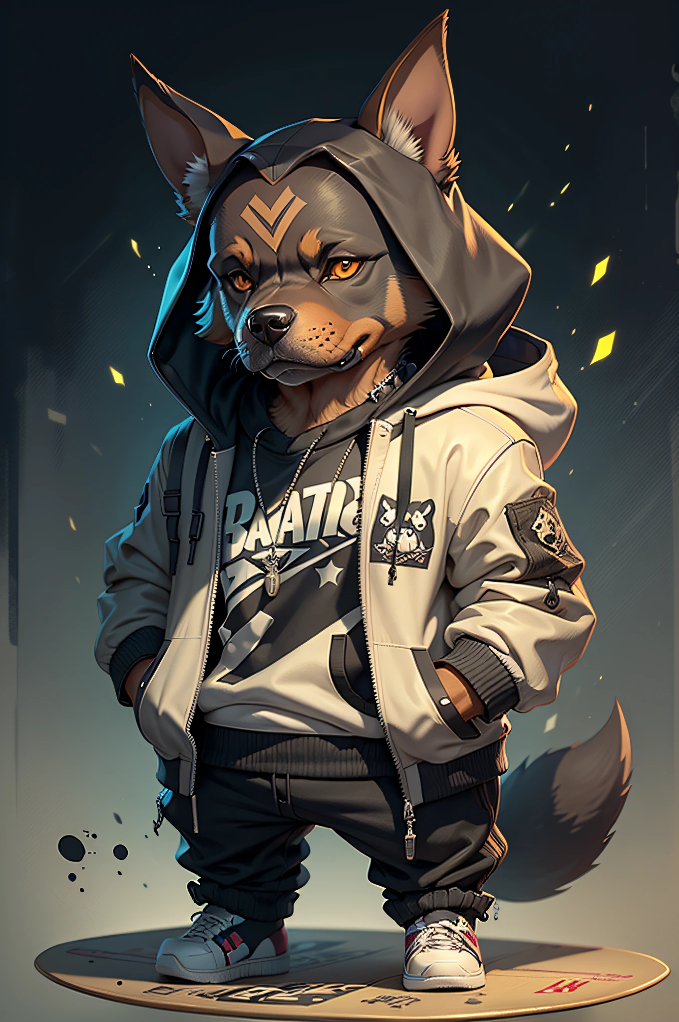 C4tt4stic, Cartoon Doberman dog in a skateboard with a jacket(Body hair is black、Details of the appearance of the Doberman)