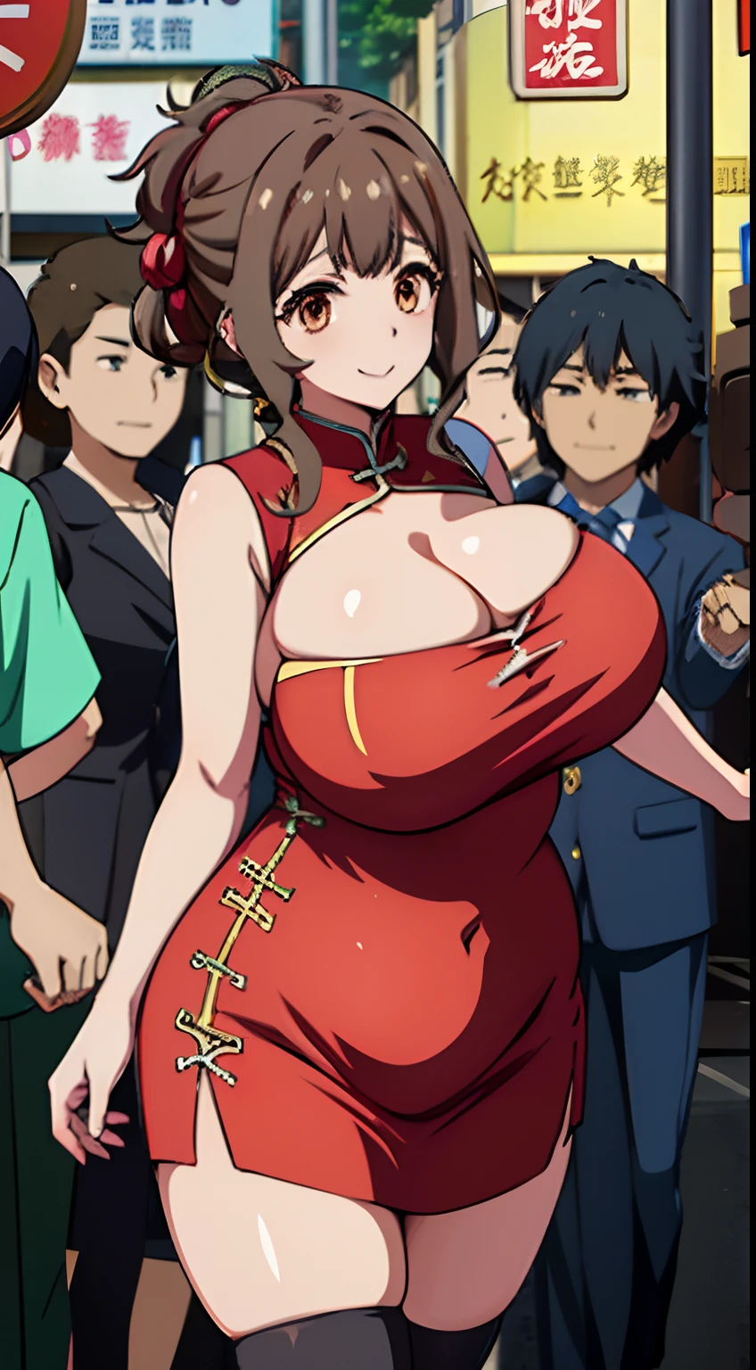 1girl,hightquality、masutepiece、Official art,torino_kazami,china dress,gigantic breasts,plump,(hong kong street:1.3),(crowd:1.3)