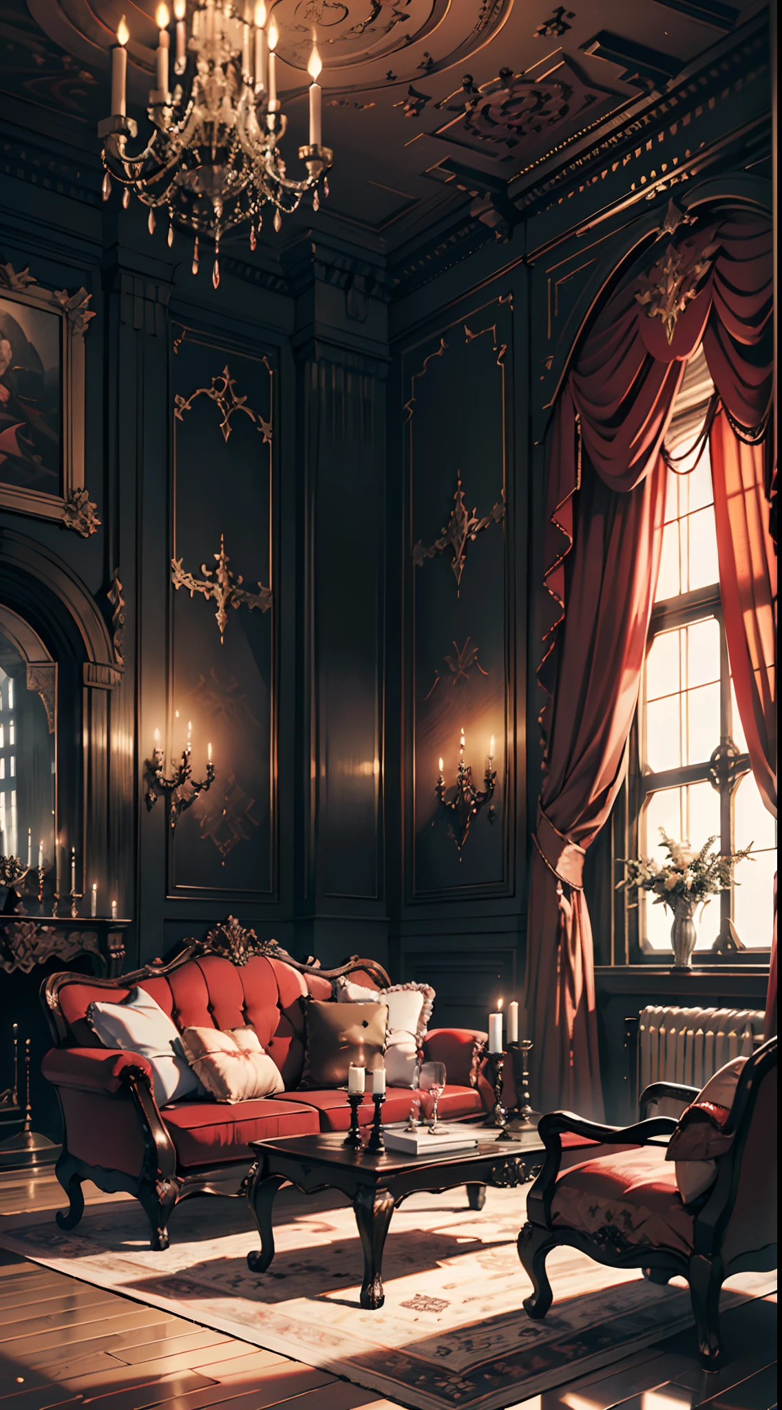 Photography, red sofa, tea table, (Gothic living room, Gothic), Dim light, Gargoyles, Dark wallpaper,curtains, waxy candles, Satan painting, decorations, wooden floor, dawn, dark night