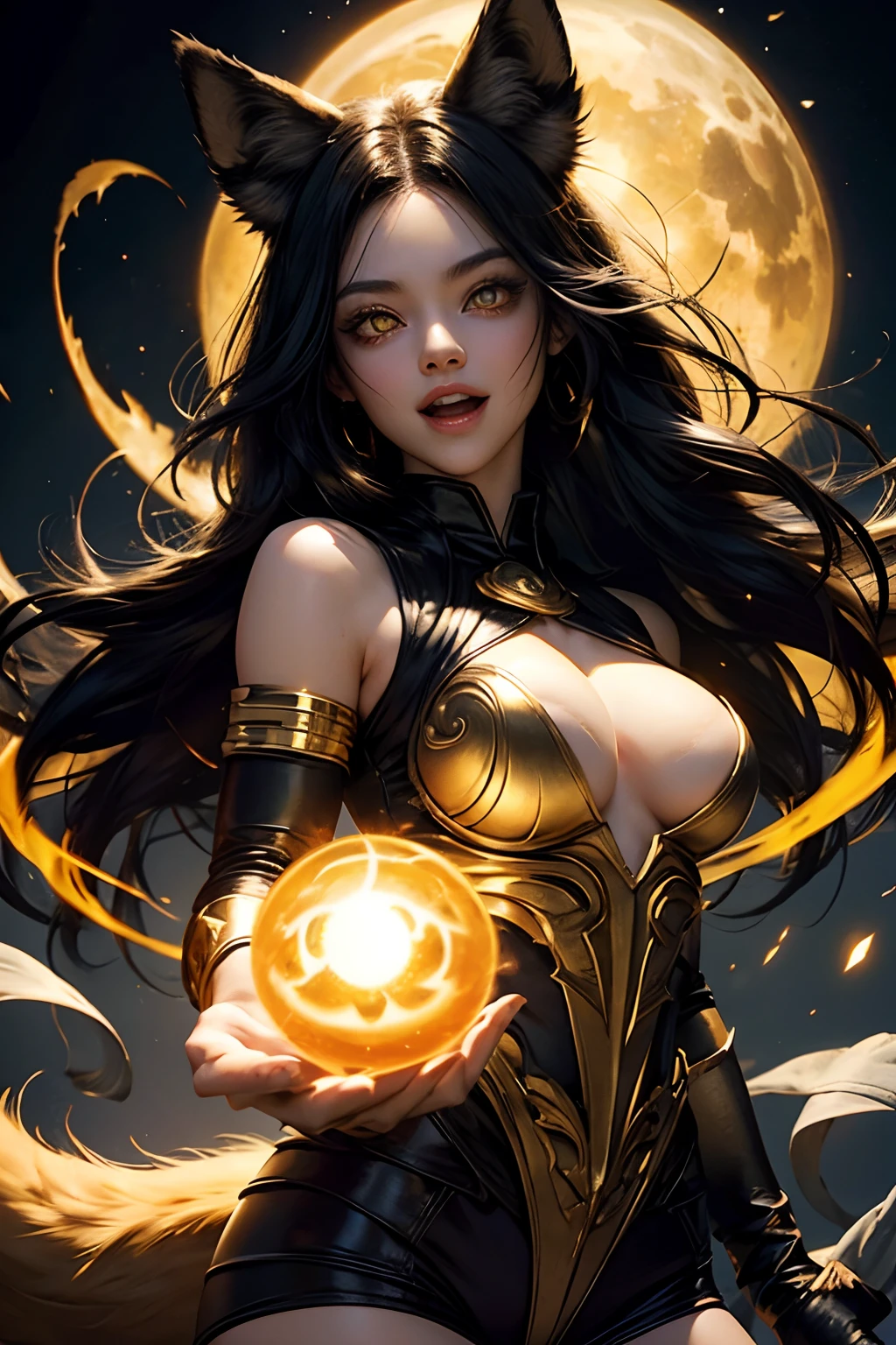 1girl,  tight body, gold eyes, very pale skin, super saiyan, black hair, wide-eyed, glowing golden eyes, fluorescent eyes, multiple eyes, fox ears, fox tail happy, laughing
