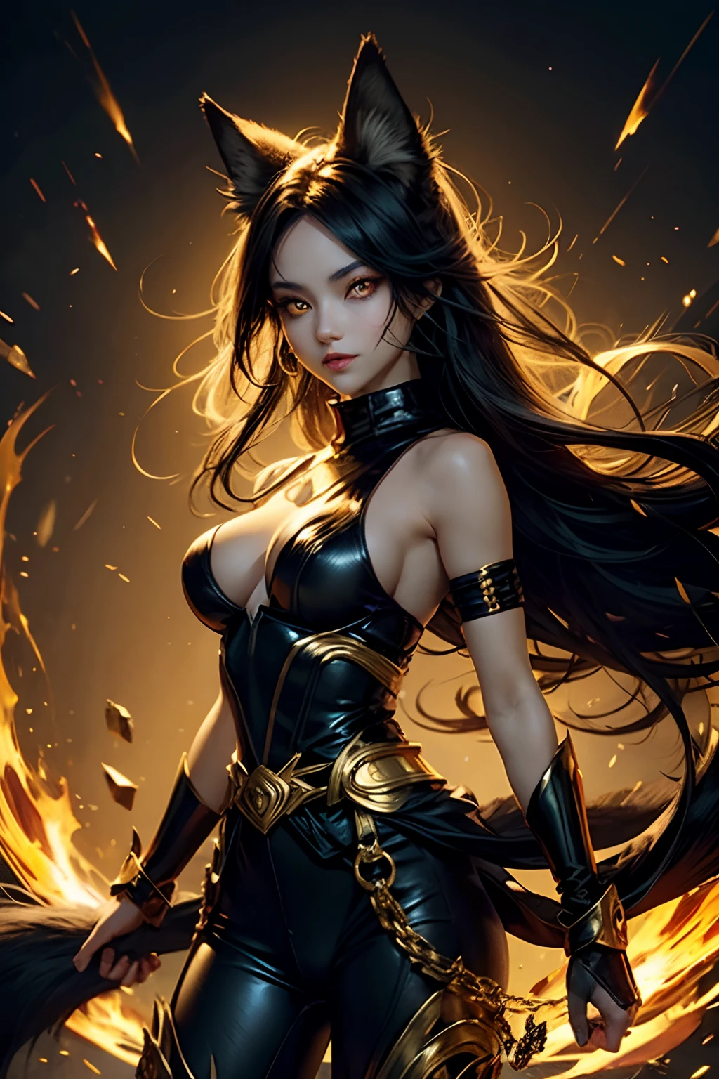 1girl, tight body, gold eyes, very pale skin, super saiyan, black hair, wide-eyed, glowing golden eyes, fluorescent eyes, multiple eyes, fox ears, fox tail happy, laughing