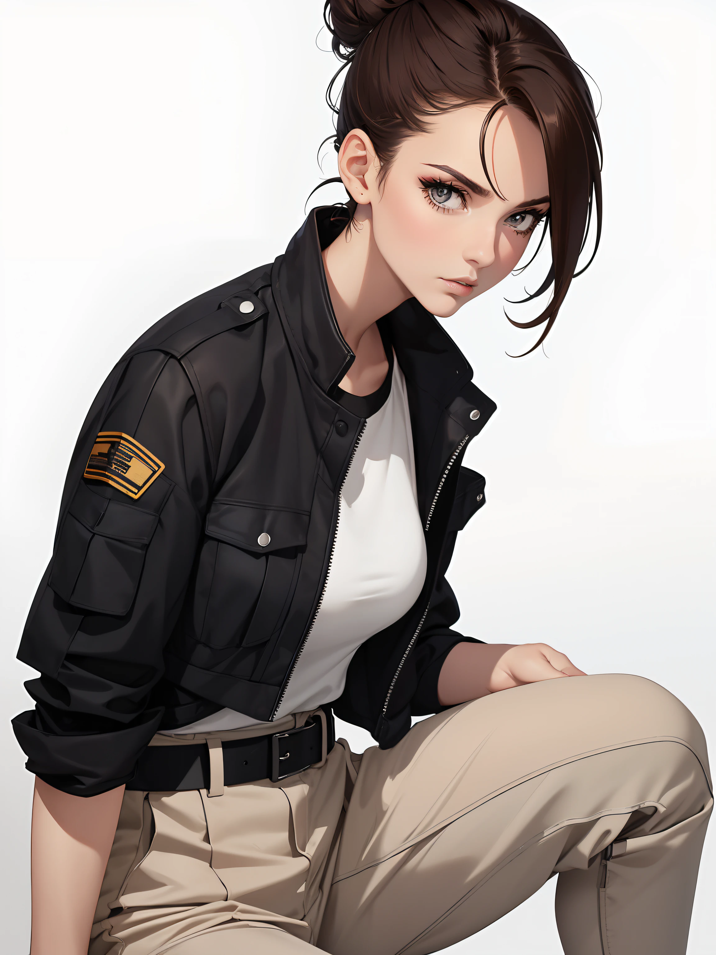 Sitted brown hair bun hair female mechanic wearing mechanic uniform , opened legs, makeup, mascara, Lips are overdued, colored, Minimalism, monotone, simple color palettes, Clean, sharp designs, flowing silhouettes, high-waisted belt, asymmetrical, geometric, Elegant and luxurious materials and designs, Simple, minimal accessories, Distinctive designs, simple silhouettes, chic and mature impression, simple and sophisticated style, elegance, minimalism, high quality materials, cool and urban impression, high fashion, , simplicity and sophistication, complex background. High angle