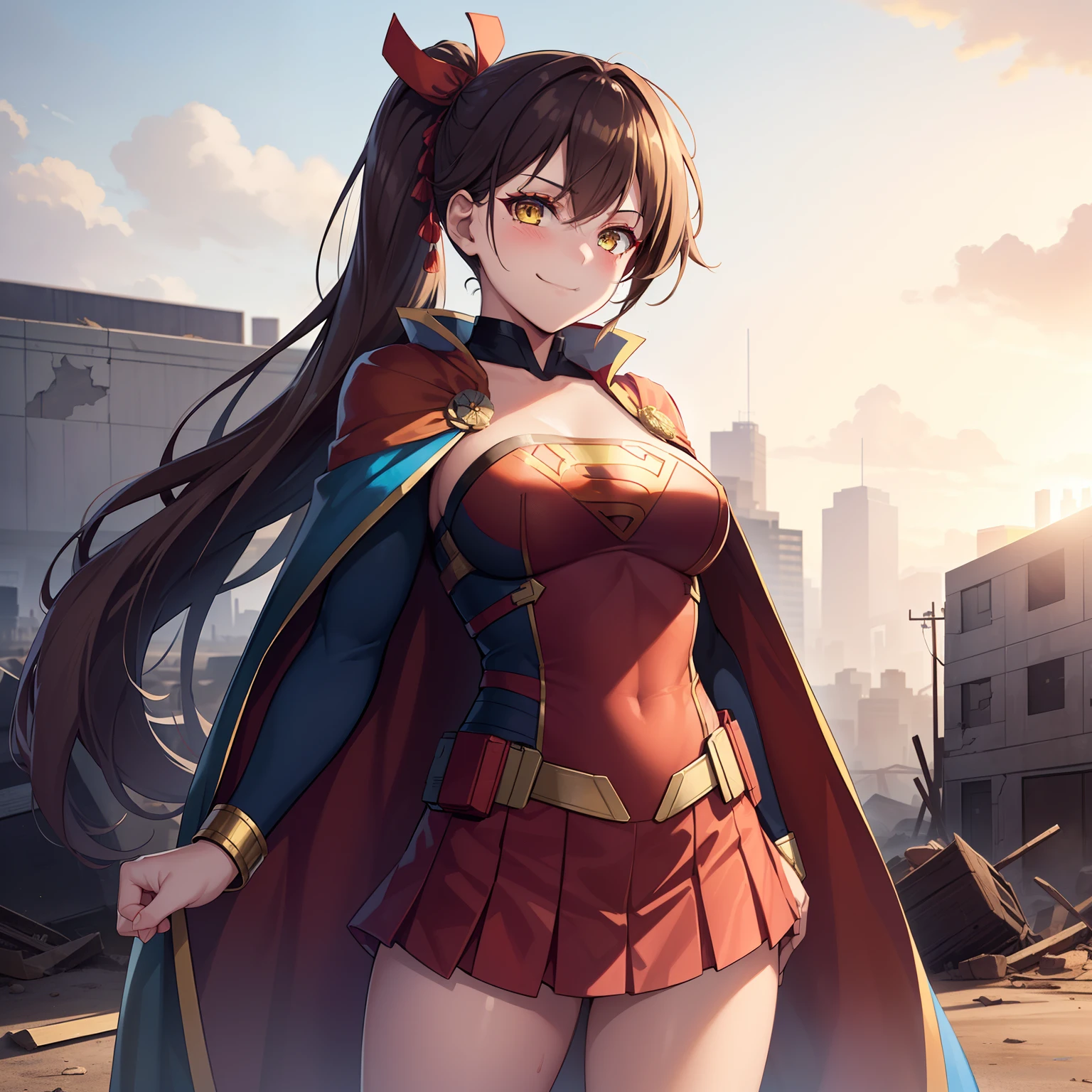 1girl,Zuikaku,gigantic breasts,superhero pose,standing in ruined city,(8k),scratches,detailed face,brown hair,yellow eyes,very long hair,embarassed,small smile face, side ponytail,orange eyeshadow,hair ornament, high_res, high_definition,the battlefield,blue suite,red cape,(Supergirl Custom:1.1),