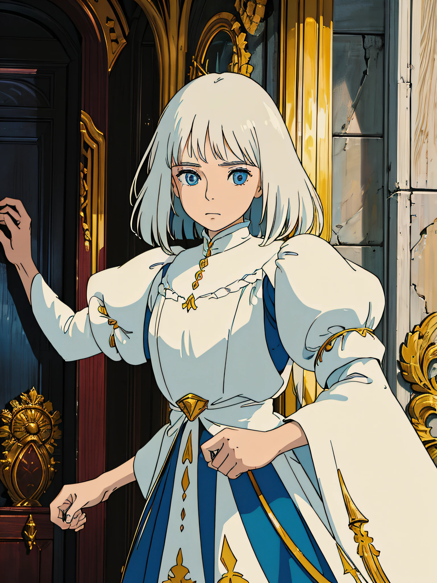 anime - style drawing of a woman in a white dress sitting on a bench, griffith, griffith from berserk, high quality colored sketch, highly detailed exquisite fanart, boris valejo. octopath traveler, the piercing stare of yuki onna, detailed fanart, inspired by amano, white haired deity, flat cel shading mucha, manara, ((a beautiful fantasy empress))