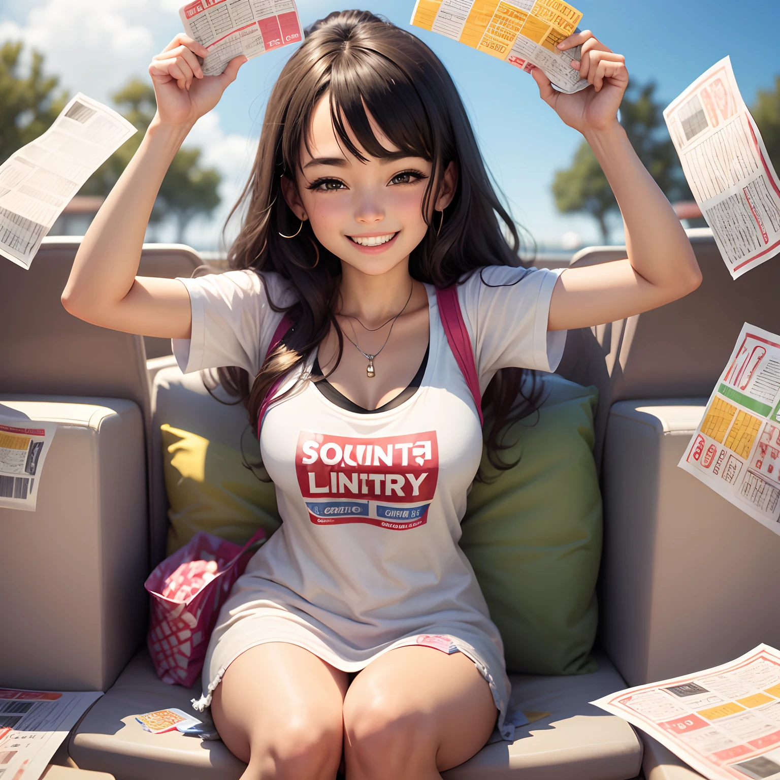 Happy girl holding a lottery ticket