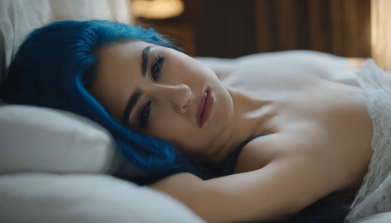 22-year-old girl with long blue hair killing penis lying on bed completely naked