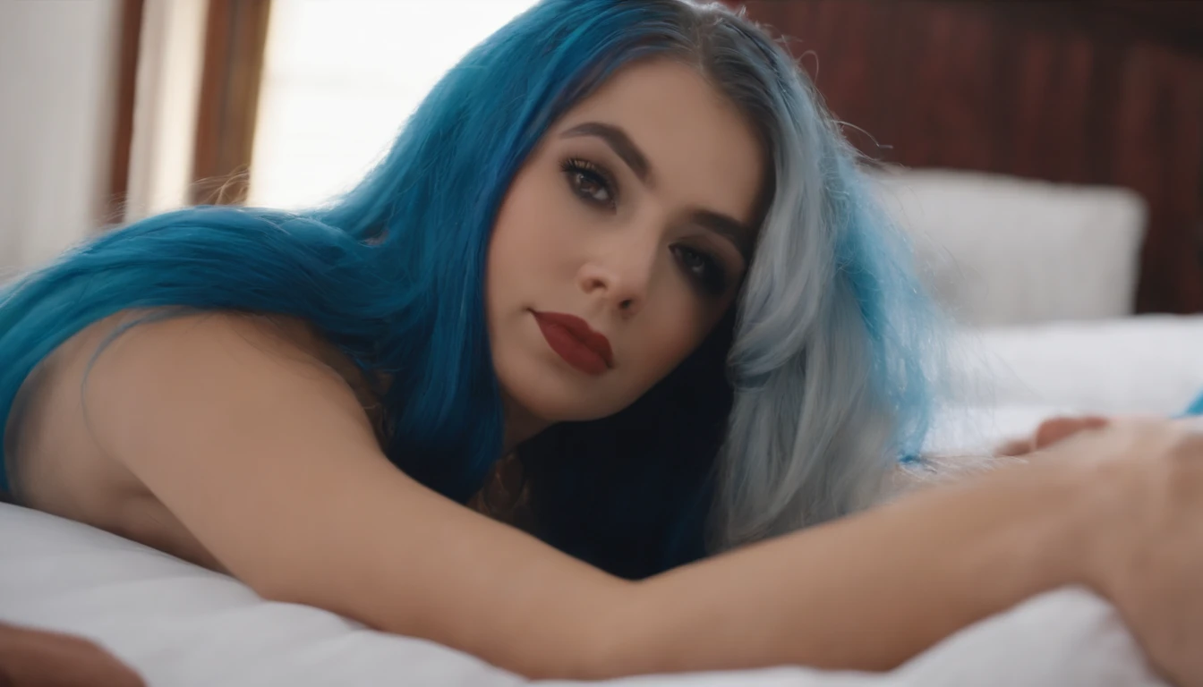 22-year-old girl with long blue hair killing penis lying on bed completely naked