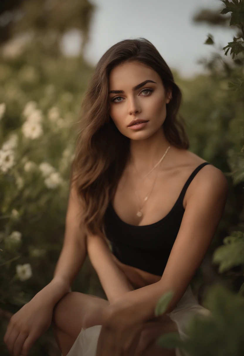 arafed woman with a white tank top and a necklace, sexy girl with green eyes, portrait sophie mudd, brown hair and large eyes, selfie of a young woman, bedroom eyes, violet myers, without makeup, natural makeup, looking directly at the camera, face with artgram, subtle makeup, stunning full body shot, piercing green eyes, beautiful angle, attractive pose, cute girl, sexy pose, full body picture, full body, full body shoot, brunette goddess, high detail, satisfied pose, leather pantsa close up of a woman with long hair wearing a black jacket, portrait of ana de armas, ana de armas portrait, madison beer girl portrait, ana de armas, adriana chechik, charli bowater, madison beer, girl with dark brown hair, 50 mm lens photo portrait, olivia culpo, ana de armas as joan of arc