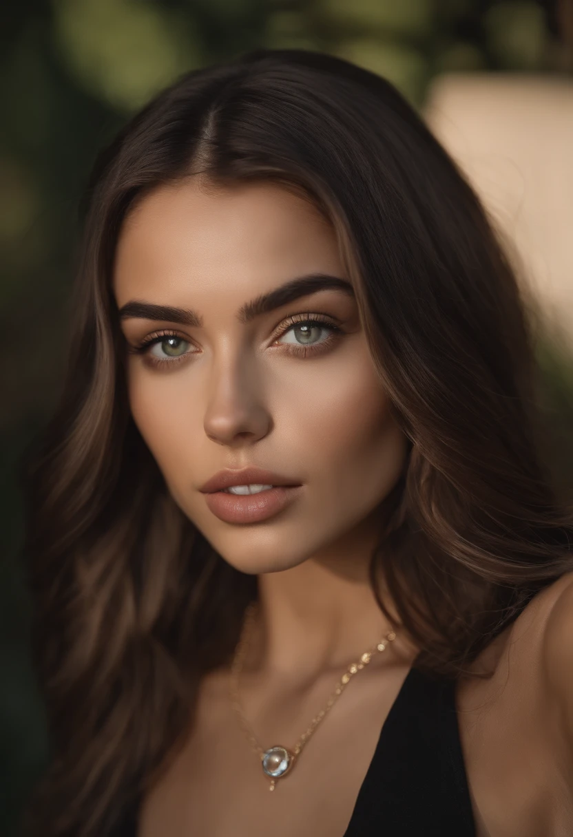 arafed woman with a white tank top and a necklace, sexy girl with green eyes, portrait sophie mudd, brown hair and large eyes, selfie of a young woman, bedroom eyes, violet myers, without makeup, natural makeup, looking directly at the camera, face with artgram, subtle makeup, stunning full body shot, piercing green eyes, beautiful angle, attractive pose, cute girl, sexy pose, full body picture, full body, full body shoot, brunette goddess, high detail, satisfied pose, leather pantsa close up of a woman with long hair wearing a black jacket, portrait of ana de armas, ana de armas portrait, madison beer girl portrait, ana de armas, adriana chechik, charli bowater, madison beer, girl with dark brown hair, 50 mm lens photo portrait, olivia culpo, ana de armas as joan of arc