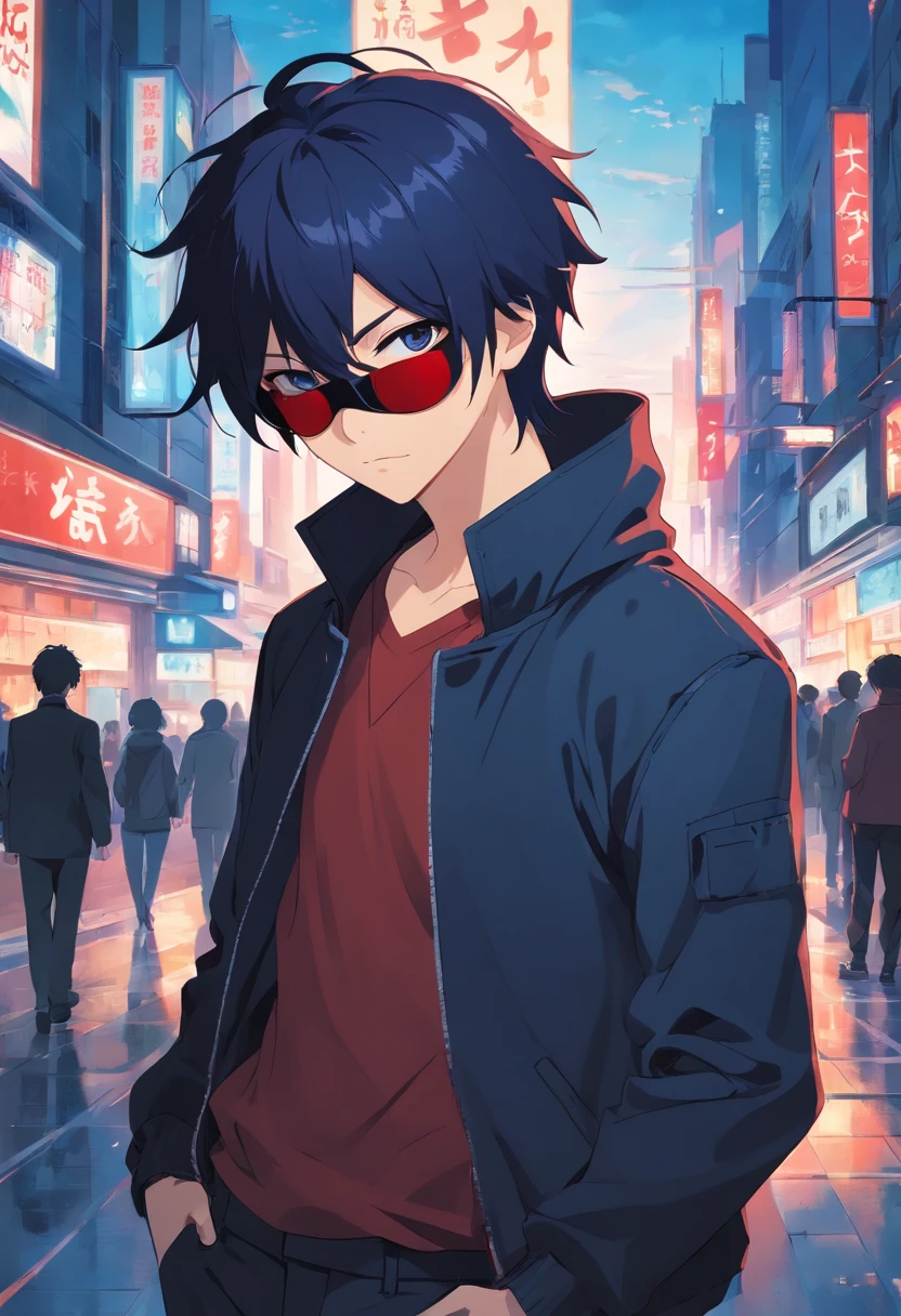 1boy,dark blue hair,black blindfold,wearing black jacket with hints of red,black slacks,abstract background,high res, ultrasharp,8K, masterpiece,