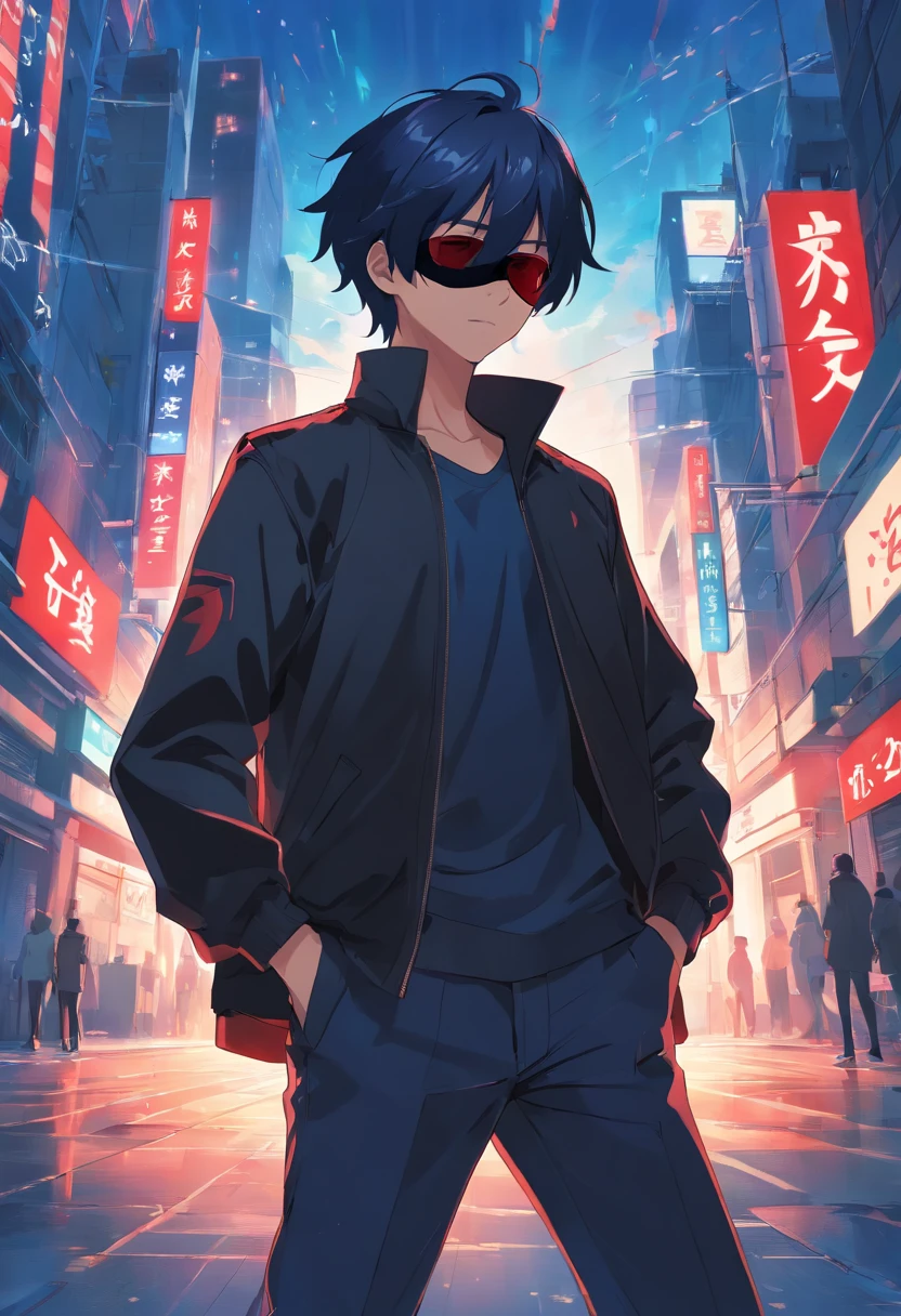 1boy,dark blue hair,black blindfold,wearing black jacket with hints of red,black slacks,abstract background,high res, ultrasharp,8K, masterpiece,