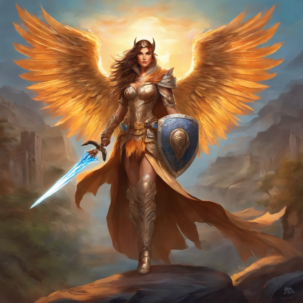 Majestic-looking Valkyrie, com longos cabelos dourados que brilham como o sol nascente e olhos da cor azul. Ela possui uma estatura alta e uma figura esbelta, with toned muscles. Your skin is pale, como a neve. It sports magnificent and imposing eagle wings.Veste uma armadura brilhante feita de prata. Usa uma capa de penas de corvos. In your head, usa um elmo adornado com runas. Em seu cinto, ela carrega uma espada. Its shield is made of wood and is decorated with Norse symbols. Show her flying over a modern big city with her sword in hand.