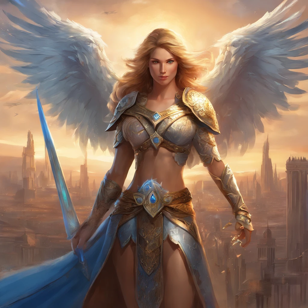 Majestic-looking Valkyrie, com longos cabelos dourados que brilham como o sol nascente e olhos da cor azul. Ela possui uma estatura alta e uma figura esbelta, with toned muscles. Your skin is pale, como a neve. It sports magnificent and imposing eagle wings.Veste uma armadura brilhante feita de prata. Usa uma capa de penas de corvos. In your head, usa um elmo adornado com runas. Em seu cinto, ela carrega uma espada. Its shield is made of wood and is decorated with Norse symbols. Show her flying over a modern big city with her sword in hand.