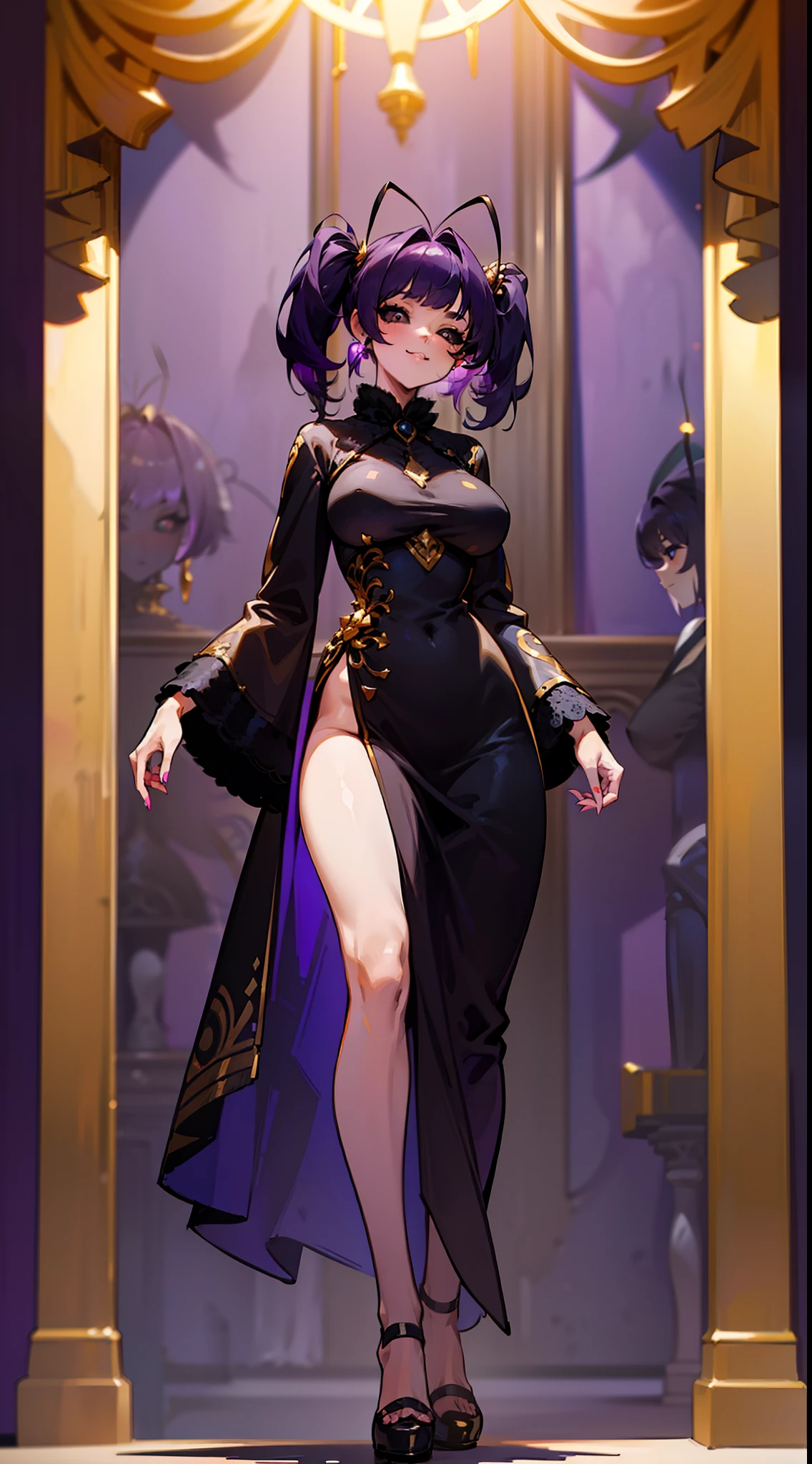 (Original Character,8k, Masterpiece, Best Quality,Detailed, Beautiful Detailed Eyes, solo),mature female,tall,big breasts,fine skin,(black eyes),black sclera,purple hair,twintail hair,medium hair,(((hair 2antennas))),gold dress,standinh in room in castle,happy face,full body