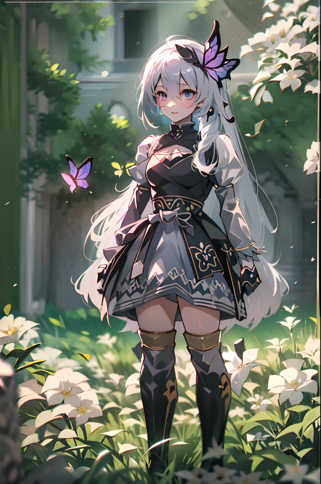 Octane Render、(Hyper-detailing: 1.15)、cinematic lightening、Taken from behind、Cute Fantasy Princess、Handgun shooting practice、Fine Pattern Pistol,long boots、ultradetailed eyes、Full Paint、(Floral hair ornament、butterfly hair ornament)、masutepiece、Anatomically correct、blur、depth of fields