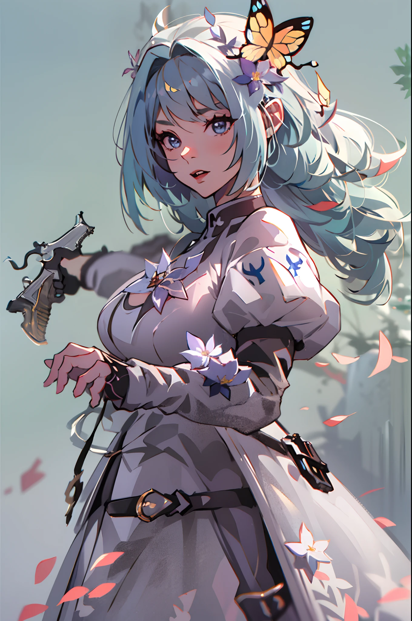 Octane Render、(Hyper-detailing: 1.15)、cinematic lightening、Taken from behind、Cute Fantasy Princess、Handgun shooting practice、Fine Pattern Pistol,long boots、ultradetailed eyes、Full Paint、(Floral hair ornament、butterfly hair ornament)、masutepiece、Anatomically correct、blur、depth of fields