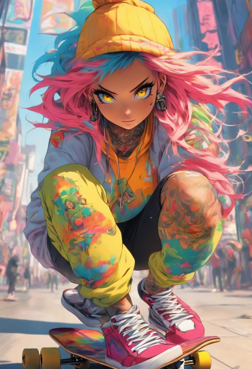 The most beautiful and sexy skateboard girl, rainbow colored hair, yellow eyes, wearing hoodie, graphic t-shirt, torn skinny jeans and highly detailed skateboard gear, tons of tattoos and piercings, highly detailed background, perfect masterpiece, high quality, high resolution