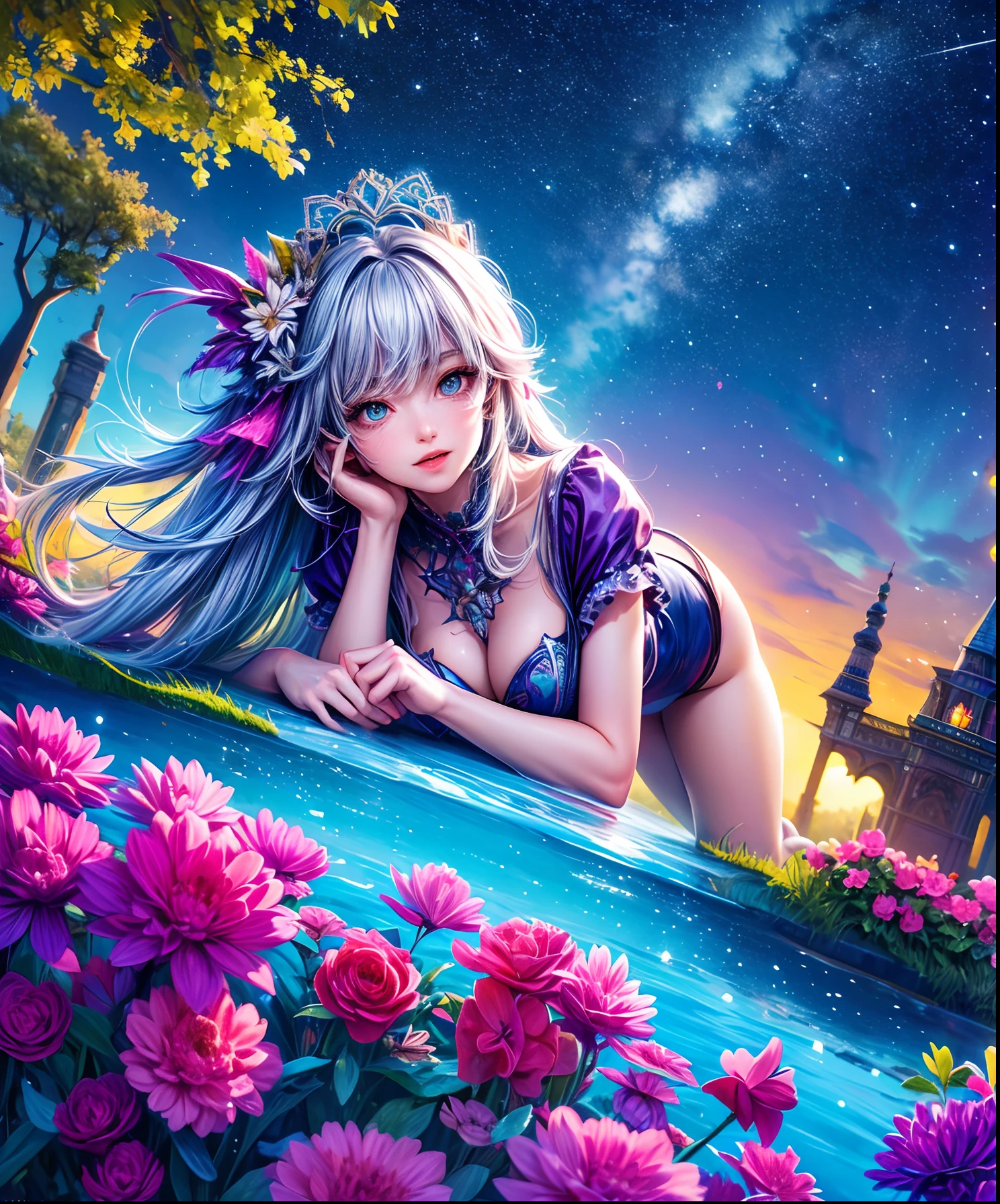 Describe a scene with a cute girl character lying on grassy water, Looking up at the starry sky. Surround her with colorful nebulae and her favorite constellations.