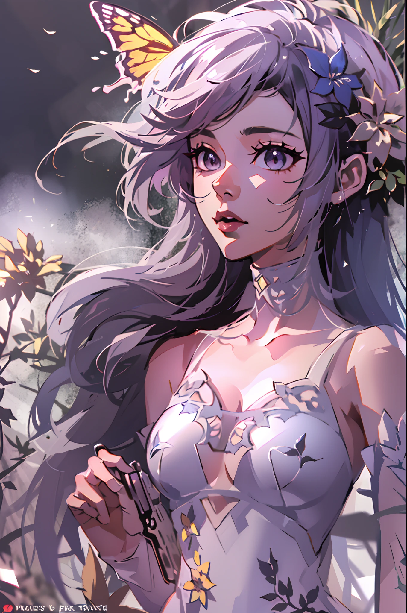 Octane Render、(Hyper-detailing: 1.15)、cinematic lightening、Taken from behind、Cute Fantasy Princess、Handgun shooting practice、Fine Pattern Pistol,long boots、ultradetailed eyes、Full Paint、(Floral hair ornament、butterfly hair ornament)、masutepiece、Anatomically correct、blur、depth of fields