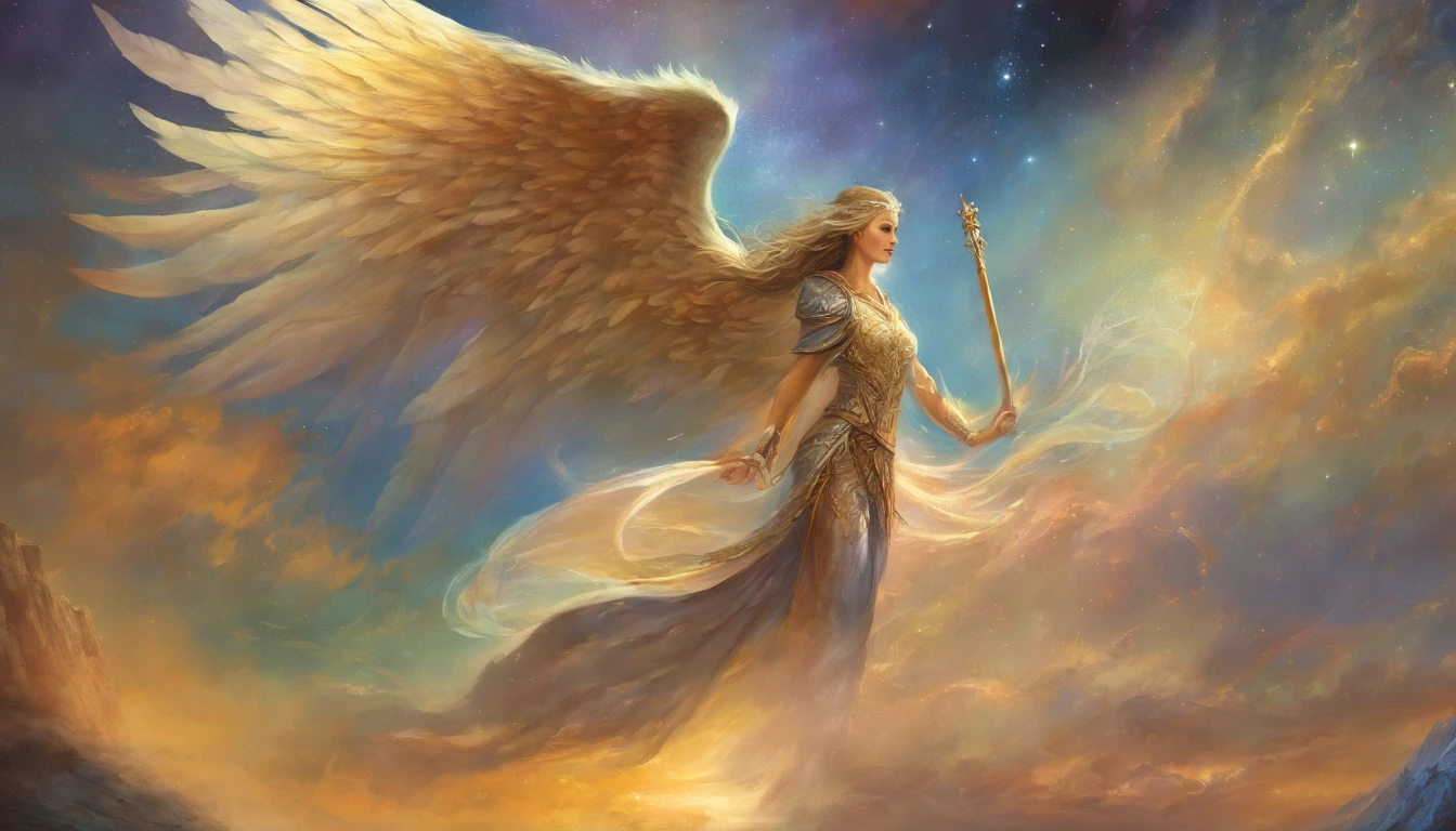 uma pintura de um anjo, ((Homens)), ((Dramatic look at the camera,((corpo muscular, forte, pernas bem torneadas e musculosas)), (((superior grande e forte)), ((with several huge wings)), (((asas de anjo)), various positions (((tiro de corpo inteiro)), homem de corpo inteiro, Frank Kelly Freas, Estilo Karol Bak, melhor qualidade,32k ultra qualidade, qualidade do papel de desfile, imagem do filme, Classic 8K