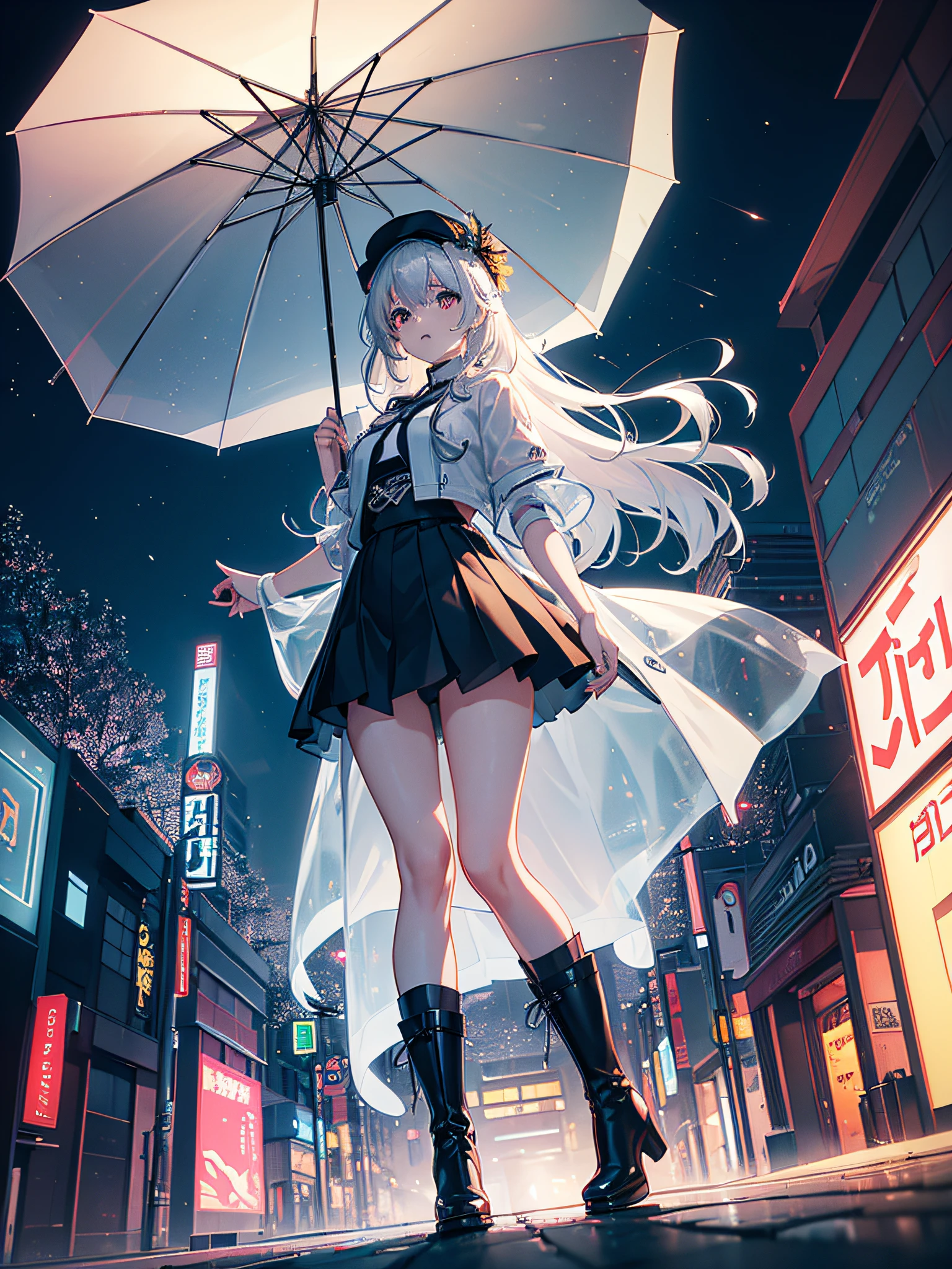 highest quality image, (master piece), (detailed: 1.4), perfect drawing, (ultra-realistic), Expansive landscape photography, (a view from below that shows the entire city above, expansive open field view), (Low-angle shot), a girl holding a transparent umbrella when it rains, white hair down to her feet, raincoat with cap, ankle boots untied, full body, in the center of the street, city with neon lights Tokyo, (source Cold light: 3.3), complex details, (Iridescent colors: 1.0), (umbra lighting), (astgmata lighting), 4k, solo