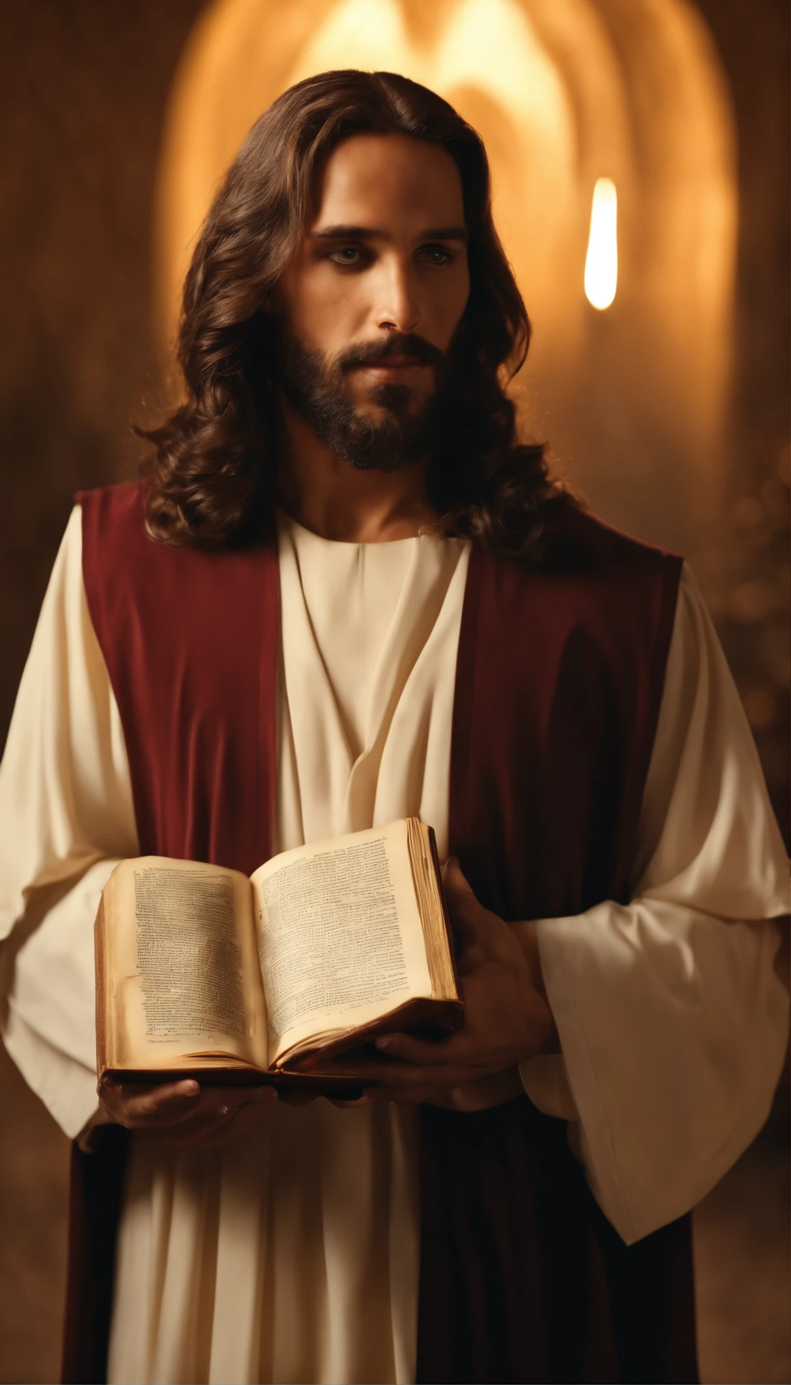 (alta qualidade: 1.3), Cinematic Still Shot, obra-prima, (foco nítido: 1.5), (fotorrealista: 1.3), medium portrait of (Jesus holding a HOLY BIBLE IN A FLASHY SETTING), fundo detalhado, clear lighting, twilight lighting, volumeric lighting, detalhes complexos, UHD, anjos ao fundo