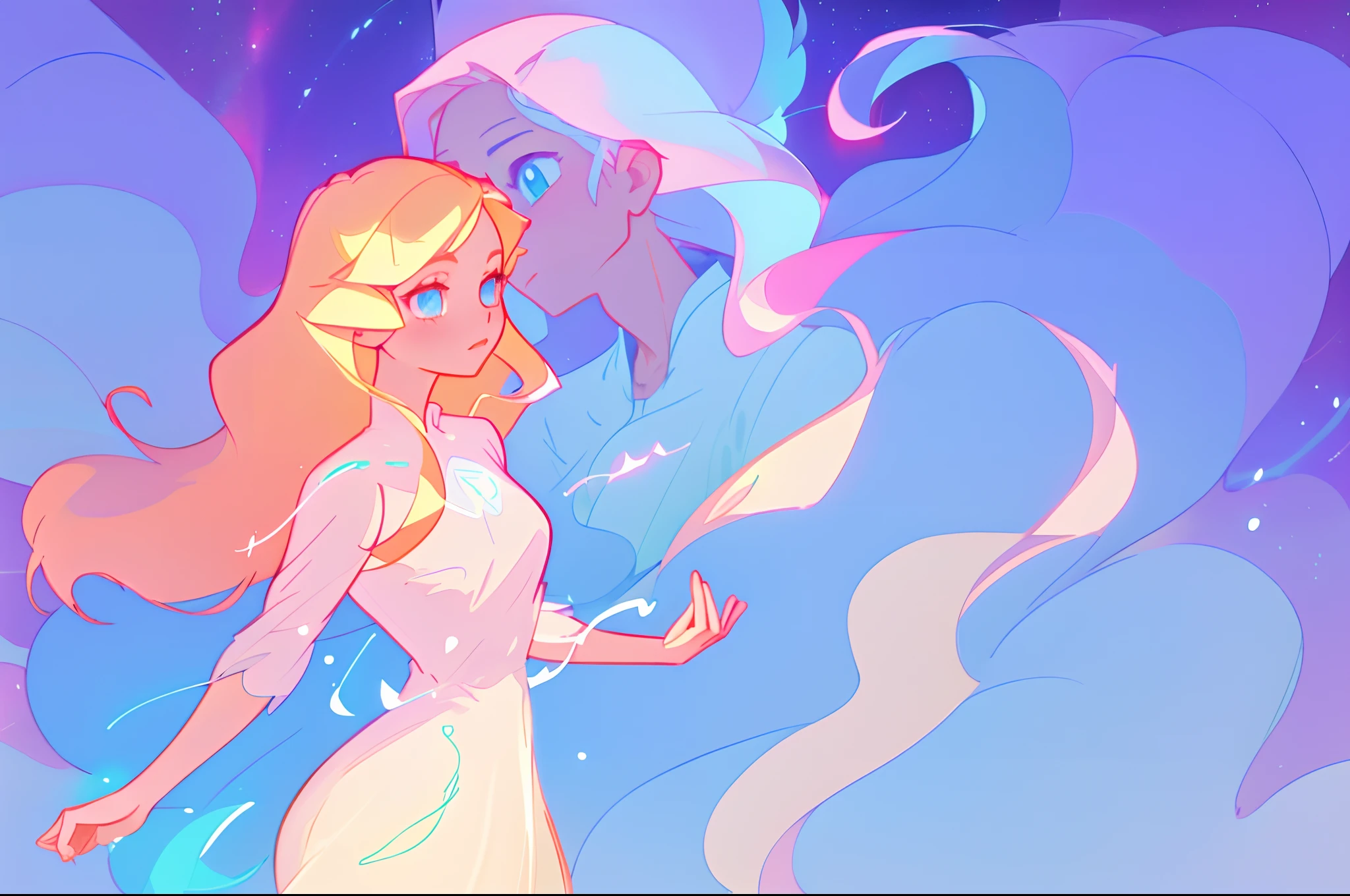 anime, a girl with long hair, in a white dress, holding a pink and blue ball, long glowing ethereal hair, glowing flowing hair, flowing glowing hair, anime girl with cosmic hair, beautiful young wind spirit, long glowing hair, beautiful anime art style, beautiful digital illustration, ethereal anime, a beautiful artwork illustration, blonde anime girl with long hair, inspired by Glen Keane, inspired by Lois van Baarle, disney art style, by Lois van Baarle, glowing aura around her, by Glen Keane, jen bartel, glowing lights