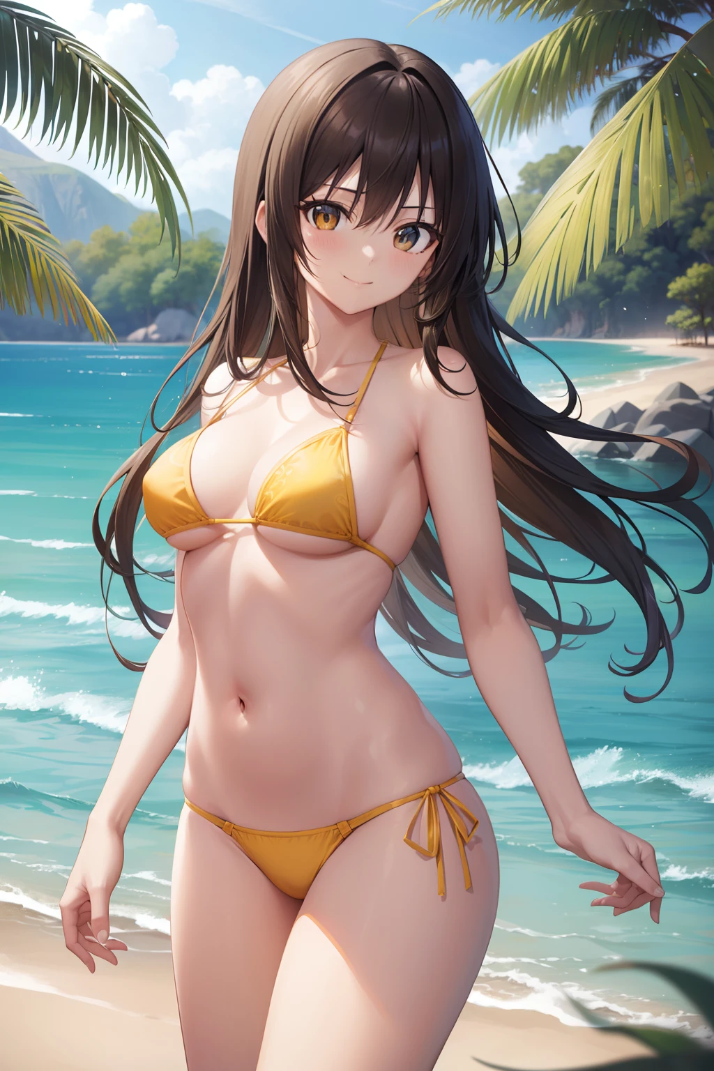 Kotegawayui, Yui Kotegawa, 独奏、Black hair, (Brown eyes:1.5), Long hair, BREAK looking at viewer, BREAK (masutepiece:1.2), Best Quality, High resolution, Unity 8k壁纸, (Illustration:0.8), (Beautiful detailed eyes:1.6), extra detailed face, Perfect Lighting, extremely details CG, (Perfect hands, Perfect Anatomy),(the beach)、(Yellow Bikini:1.3)、a smile