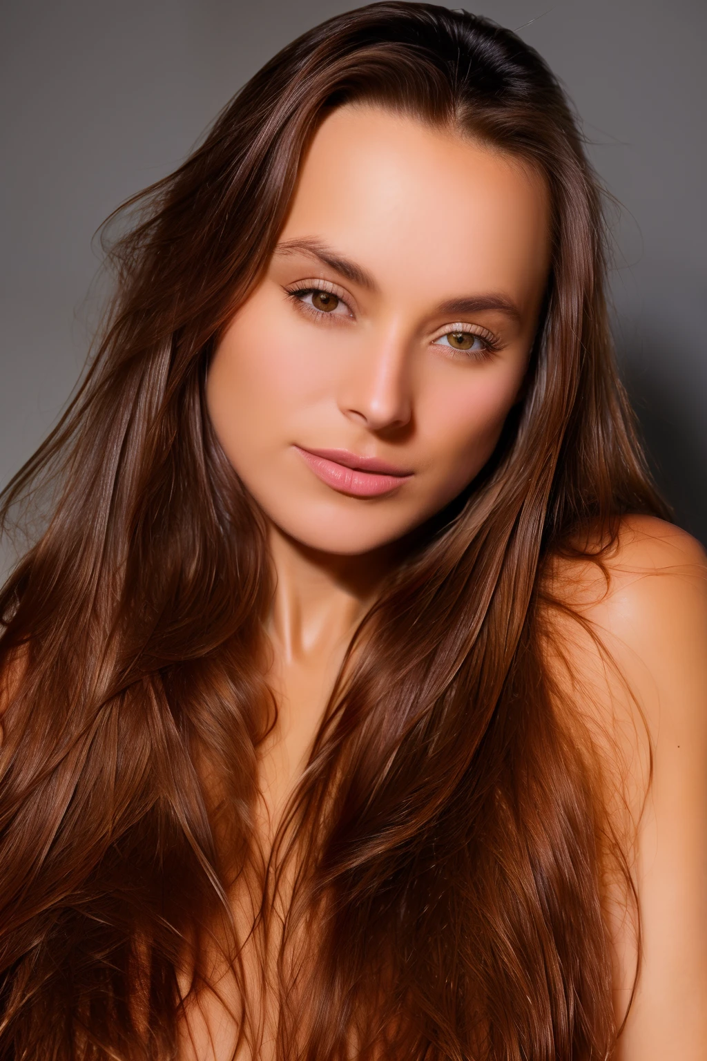 Body Model Portrait DOMINIKA C with Long Light Brown Hair Style, beau, Des yeux parfaits, (maquillage des yeux:1.1), (Highly detailed skin:1.1), (petits seins parfaits), Corps mince parfait, porter une serviette de bain blanche, ((SFW)) , Realstic, photoreallistic, Detailed face, softlighting, Style ModelShoot, Photographie professionnelle, Standing in a dark studio background, blurred background, .RAW, Style analogique, mise au point nette, 8K UHD, DSLR, High quality, Fujifilm XT3, grain, award winning, Masterpiece,