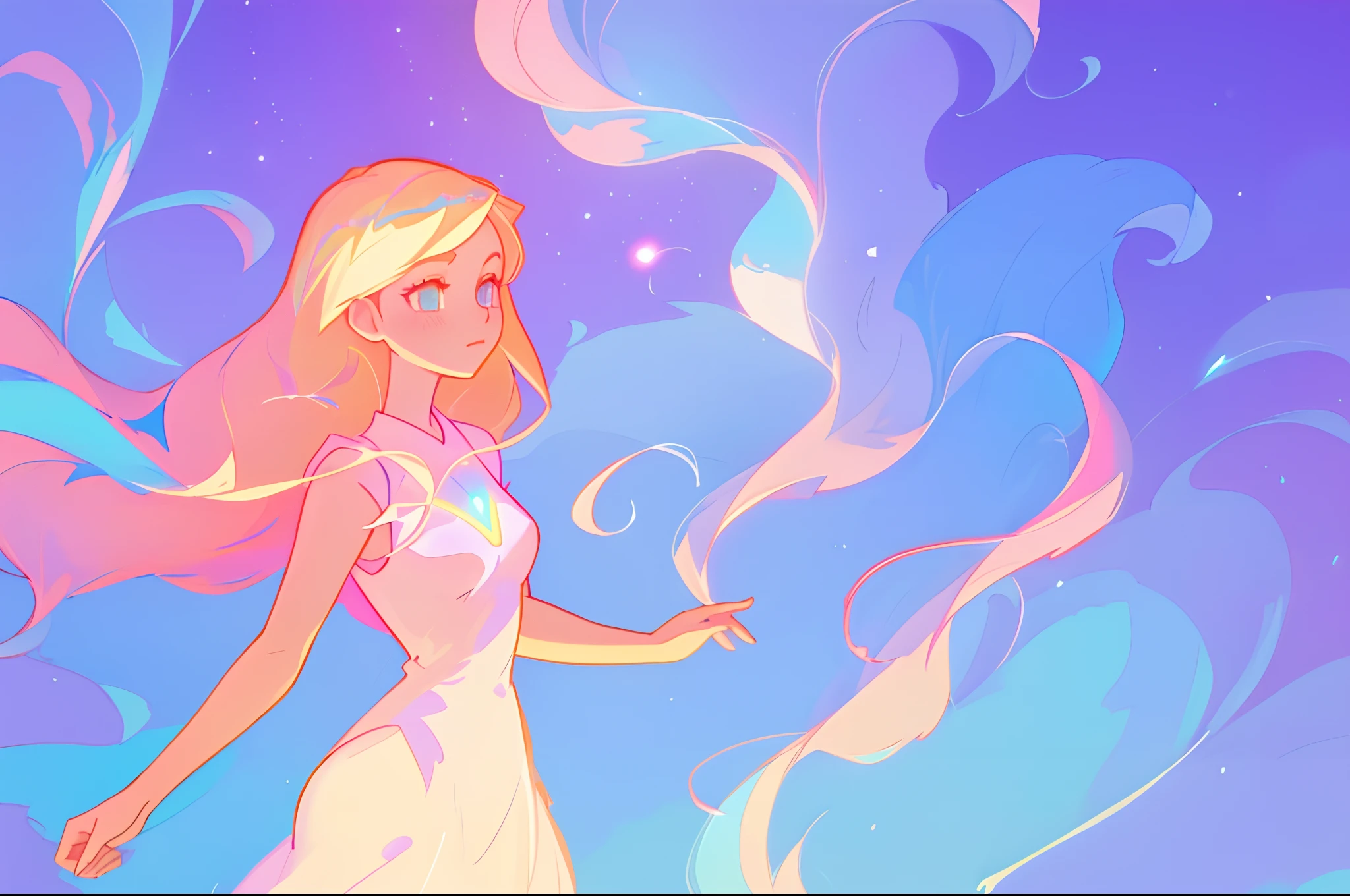 anime, a girl with long hair, in a white dress, holding a pink and blue ball, long glowing ethereal hair, glowing flowing hair, flowing glowing hair, anime girl with cosmic hair, beautiful young wind spirit, long glowing hair, beautiful anime art style, beautiful digital illustration, ethereal anime, a beautiful artwork illustration, blonde anime girl with long hair, inspired by Glen Keane, inspired by Lois van Baarle, disney art style, by Lois van Baarle, glowing aura around her, by Glen Keane, jen bartel, glowing lights