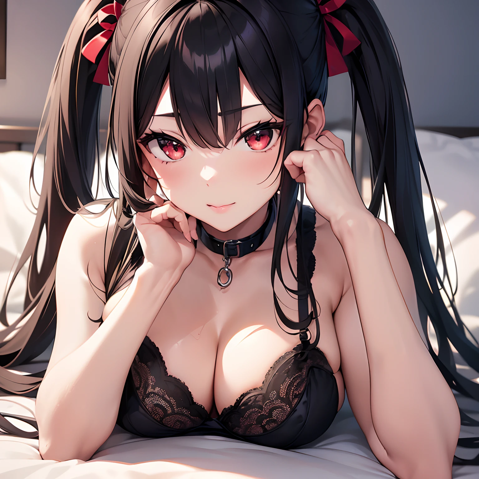 (masterpiece), (portrait), (aesthetic), (beautiful), (upper body), (high quality), (aesthetic clothings), (professional angle), (rule of thirds), (Feminine), (woman), (female), (beautiful),(feminine features), (18 years), solo, 1 woman, (Kurumi Tokizaki), summer, Warm light, (Lying on a bed), Natural Makeup, (???????????), (Front face), (Refined expression), ((Classic Mood)) (Long hair), (Seductive), (Black hair twintails), (Red eyes), (Elegant look), (Fair skin), (black lingerie clothing), (Collar neckline), (bedroom background), (Medium shot), beautiful hands, two hands, normal hands, two arms, complete hands, beautiful body, beautiful fingers, normal fingers, five fingers, normal ears, beautiful eyes, shiny eyes, beautiful mouth, beautiful lips