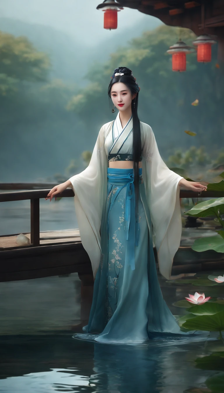 ((4k,masterpiece,best quality)), shuimobysim, Chinese painting, lotus, hanfu, maxiskit, dress open, swf 1girl, solo, long blue hair, smile, standing, feet in the water, barefoot,