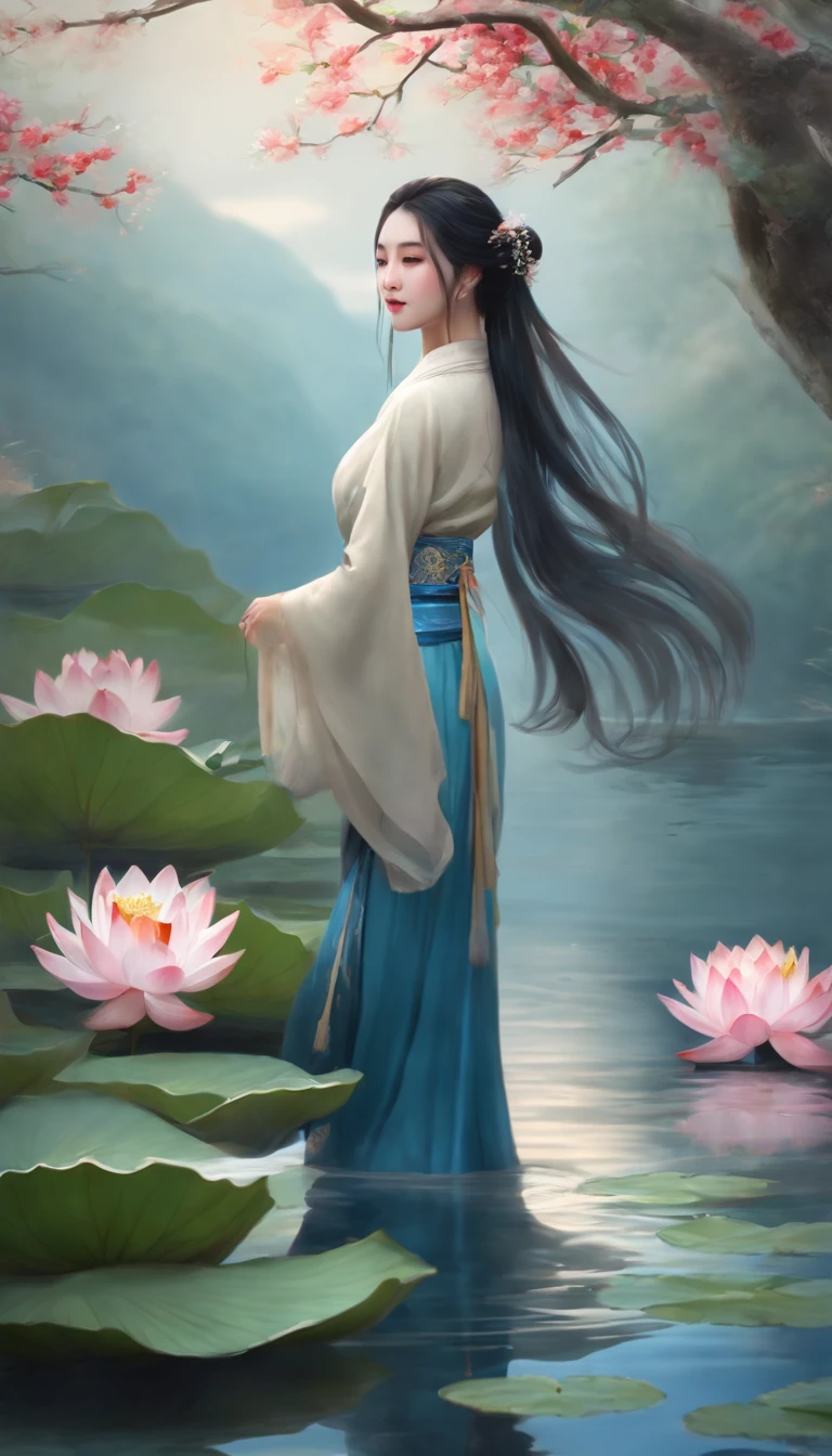 ((4k,masterpiece,best quality)), shuimobysim, Chinese painting, lotus, hanfu, maxiskit, dress open, swf 1girl, solo, long blue hair, smile, standing, feet in the water, barefoot,