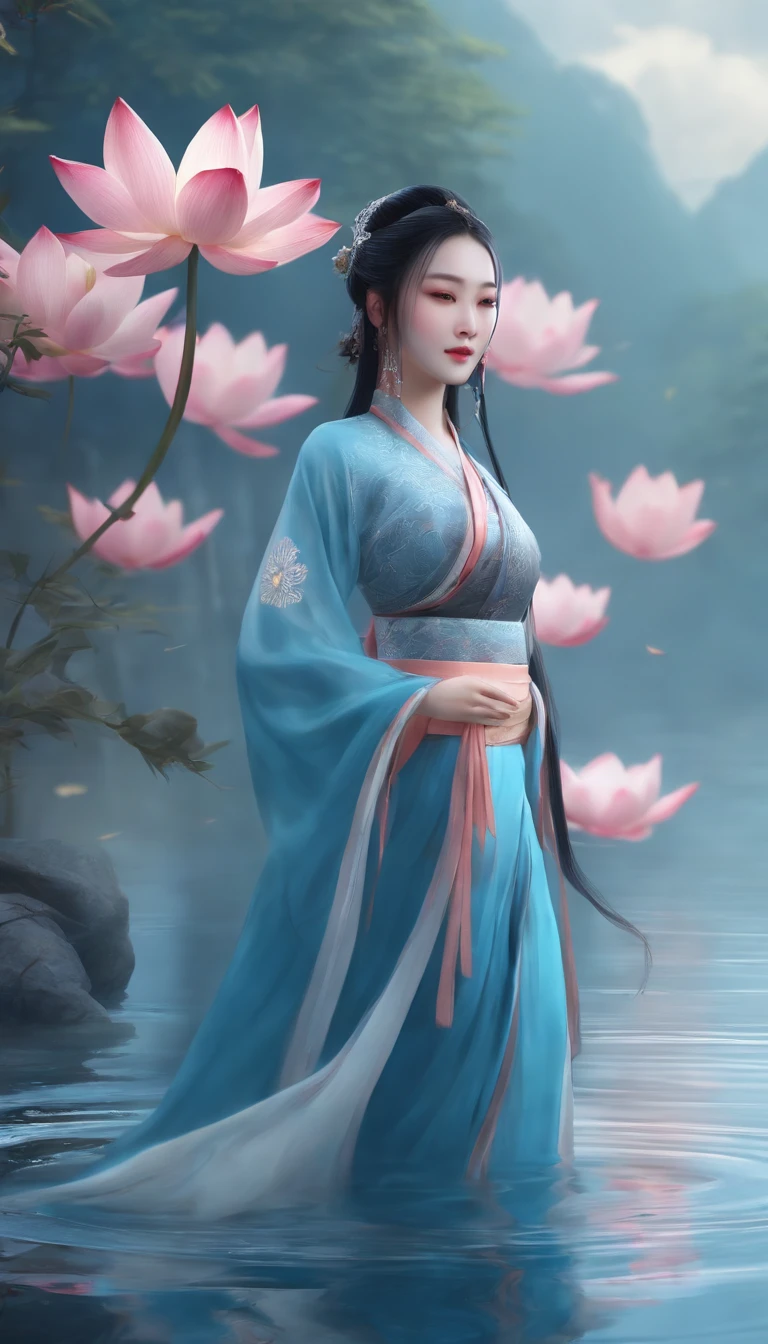 An ancient Chinese beauty sits upon a stone, adorned in traditional attire with flowing blue tulle and delicate silk. Her pose is relaxed amidst the grand lotus leaves and blossoms. The scene is captured in the style of an ink painting, characterized by clean colors, bold strokes, ample white space, and freehand technique—a true masterpiece of superlative detail, epic composition, and the highest quality, rendered in 4K resolution.