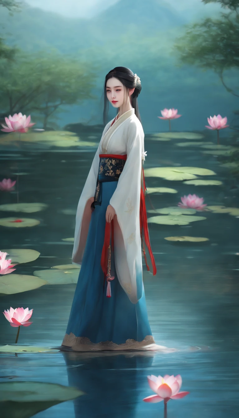 ((4k,masterpiece,best quality)), shuimobysim, Chinese painting, lotus, hanfu, maxiskit, dress open, swf 1girl, solo, long blue hair, smile, standing, feet in the water, barefoot,