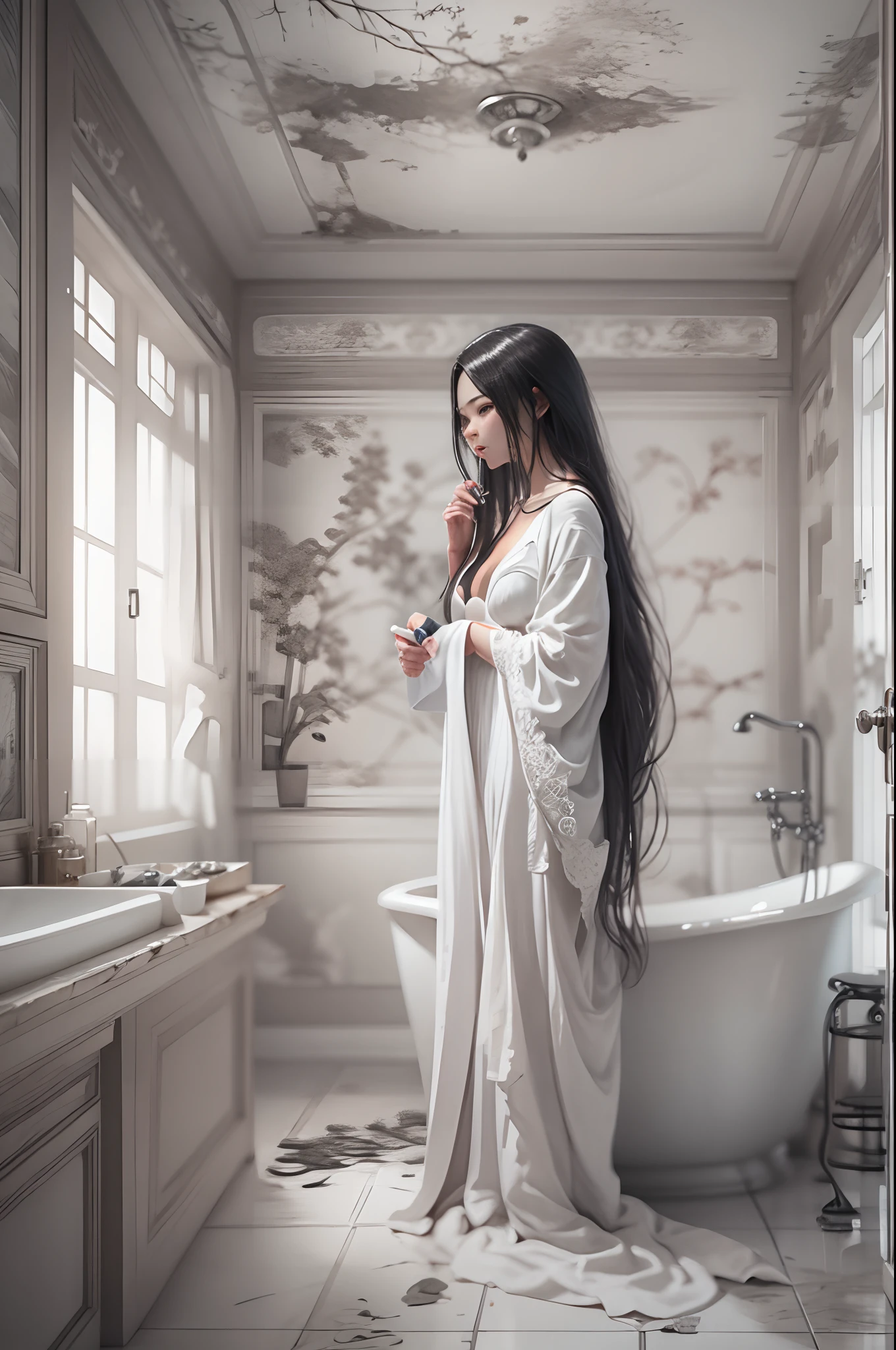 Different mood chinese with small eyes woman with very long hair, showing clevage, clutched in deep white  towel, wide angle in a white vintage bathroom, perfect anatomy, illustrative, painterly, detailed, UHD drawing, pen and ink, perfect composition, beautiful detailed intricate insanely detailed octane render trending on artstation, 8k artistic photography, photorealistic concept art, soft natural