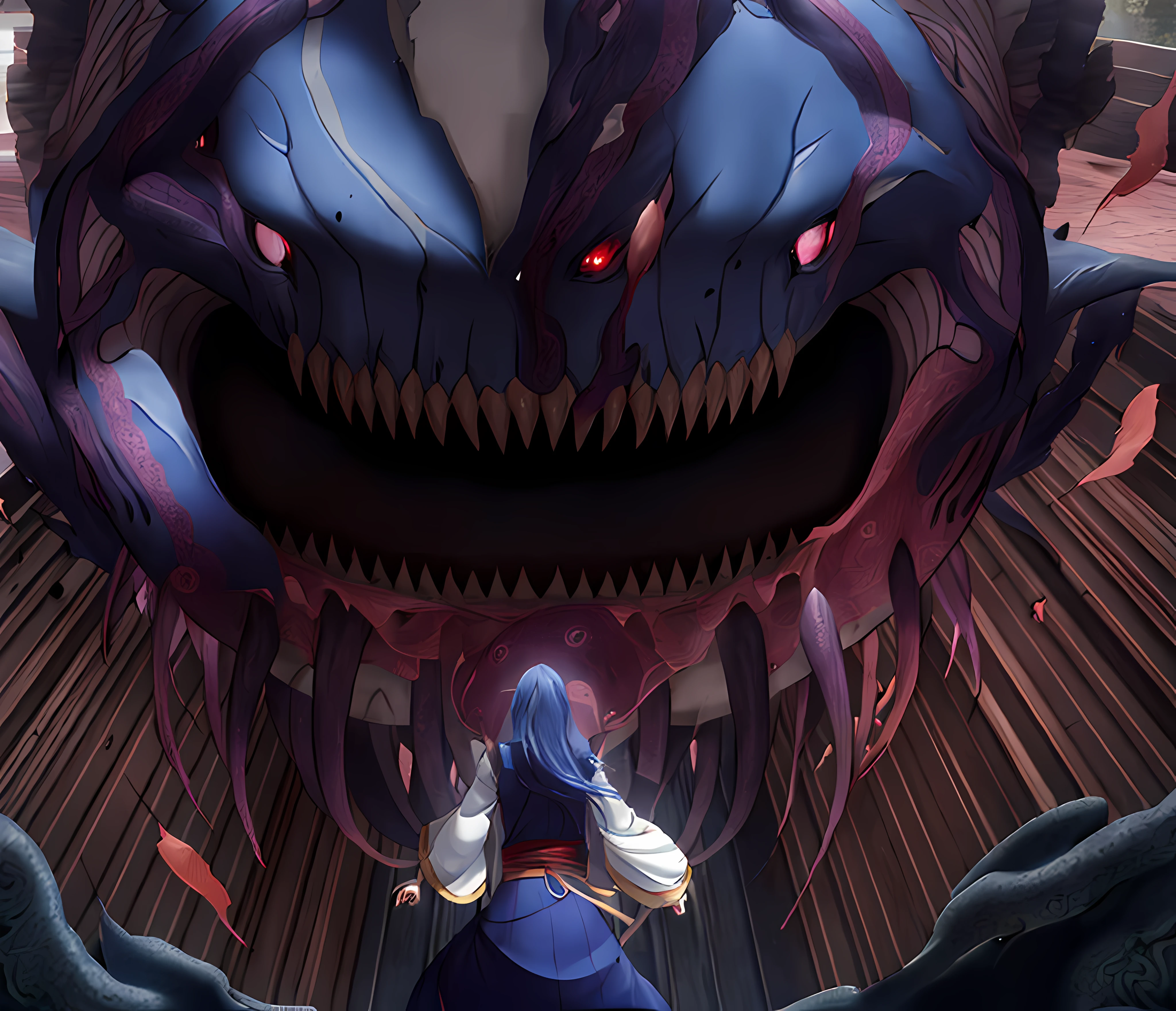 personagem de anime com uma boca enorme e uma mulher em um vestido azul, reencarnado como um limo, Espelhos gigantes de Fata Morgana, mago antigo, Uivos Castelo em Movimento, detalhes finos. anime. tentacles, Tensei Shitara Slime Datta Ken, Abertura de maw, tentacle beast, nove caudas, Captura de tela do anime Guro