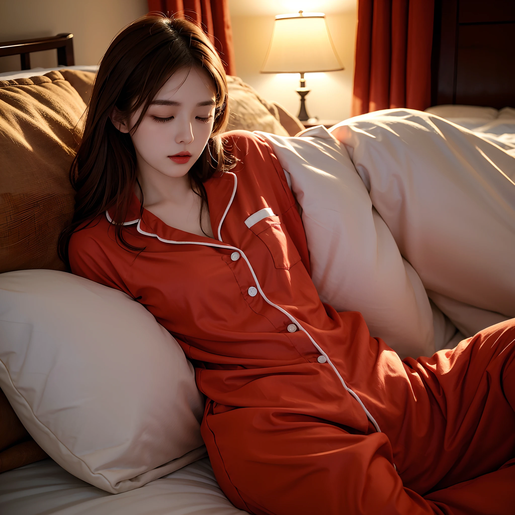 Sleeping girl,22 year old,realisticlying,She wore long trousers,Wearing red light gauze pajamas,brown hair。