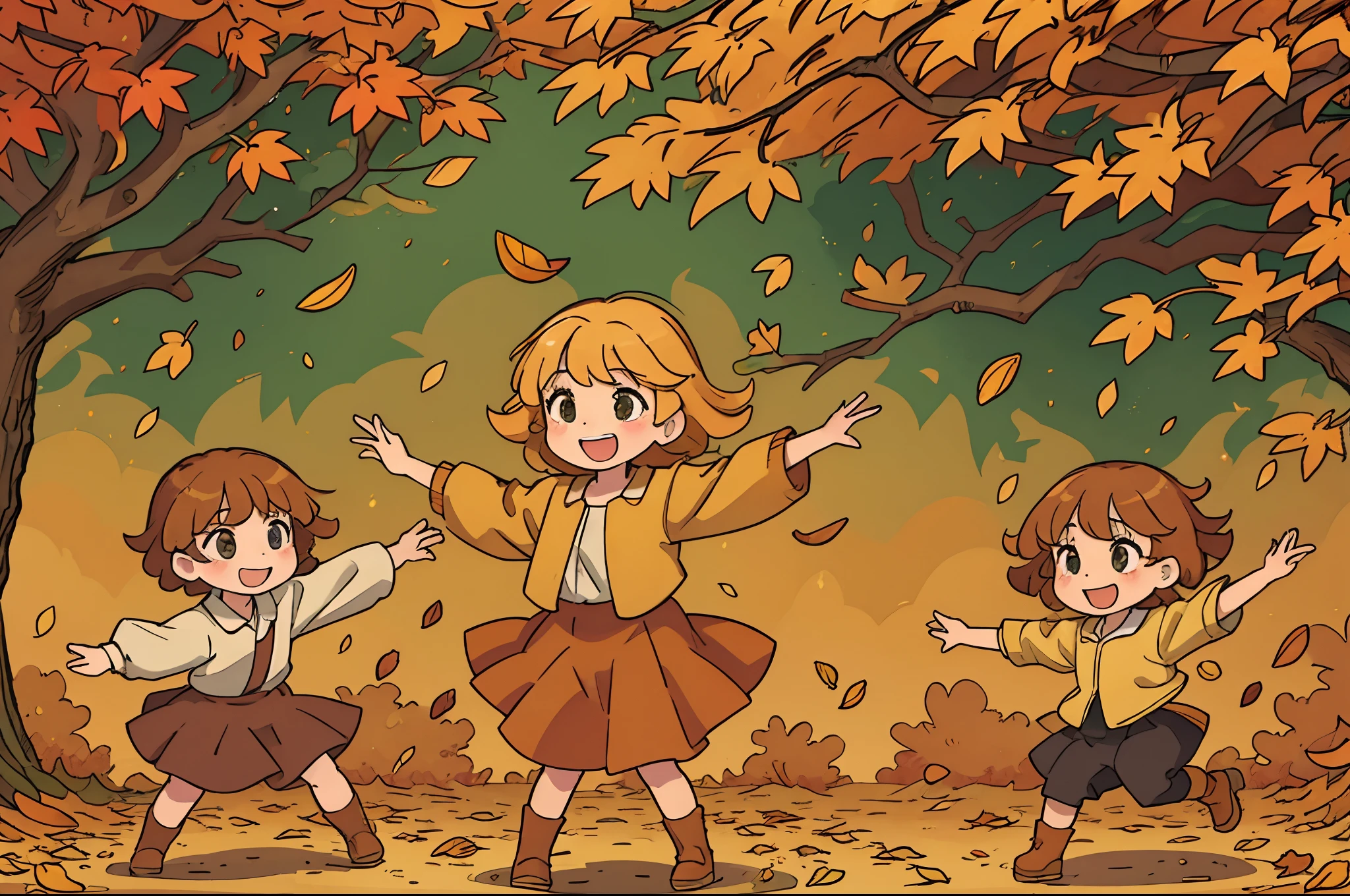 Trees with yellowish autumnal leaves, Autumn, kids dancing happily in middle of a swirl of falling yellowish and russet leaves on the air, dynamic scene, highly detailed.
