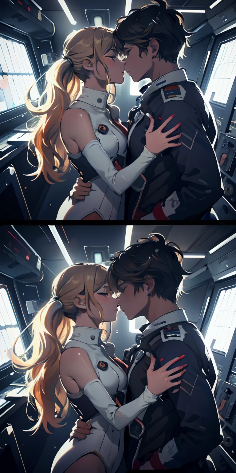 Absurd resolution, high resolution, (masterpiece:1.4), ultra-detailed, 1girl and 1boy kissing, in a spacesuit, seen from above, space, floating, satellite, outer space operation, wide-angle lens distortion