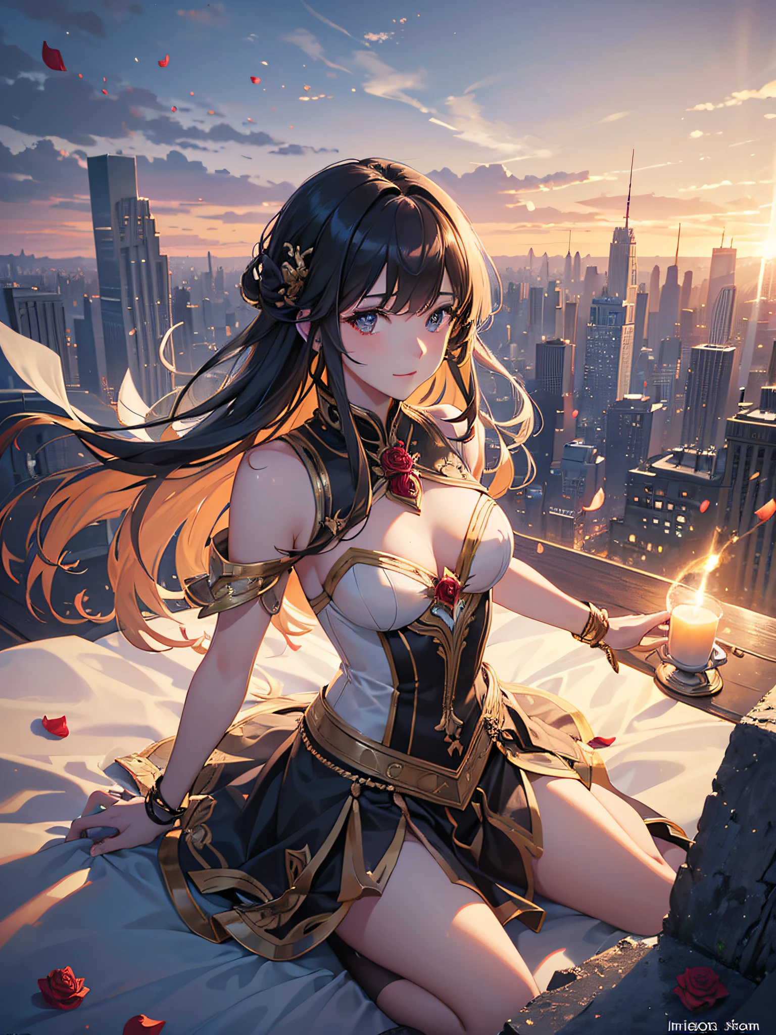 Highest quality image, (master piece), (circulated: 1.4), perfect drawing, (ultra-realistic), Expansive landscape photography, (a view from above that shows the entire city below and the expansive open countryside), ( High-angle shot), a girl sitting on top of a building looking at the entire destroyed city in front of her, with her back to me, vegetation on the buildings, winds carrying rose petals, (warm light source: 3.1), Intricate details, (Iridescent Colors: 1.1), (bright lighting), (atmospheric lighting), 4k, solo