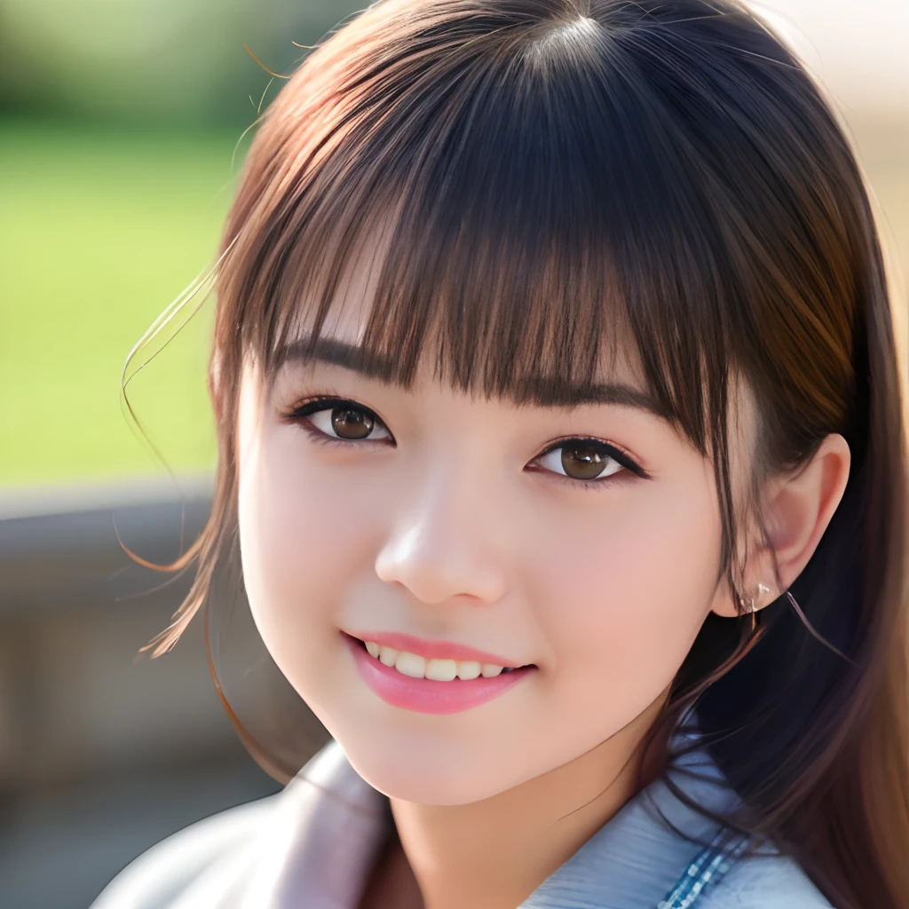 Looking at the audience, light makeup, realism, realistic photos, professional color correction, 8K, F2.4 aperture, 35mm lens, realistic real face, only the face area is included, smile, 18 years old