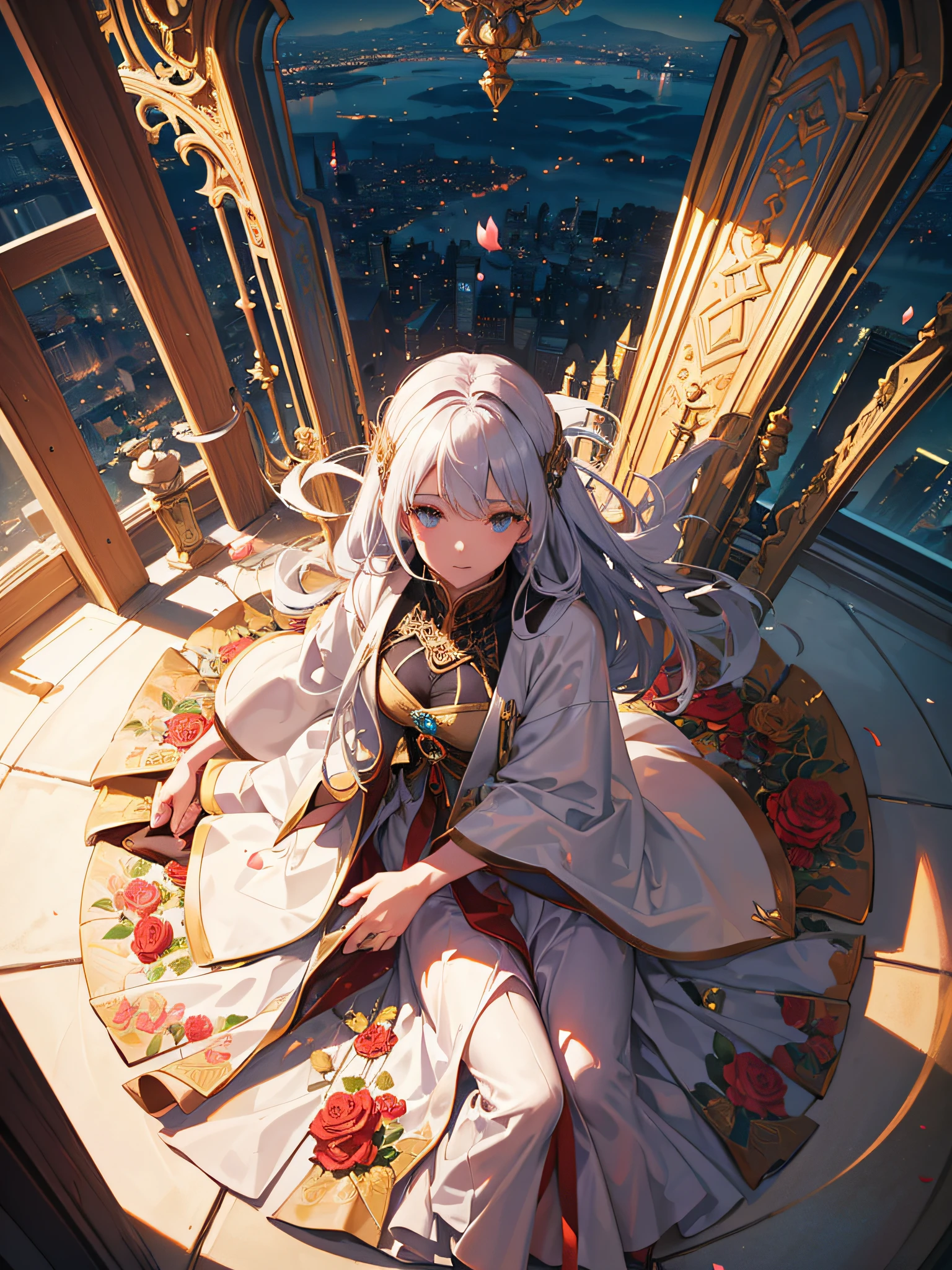 Highest quality image, (master piece), (circulated: 1.4), perfect drawing, (ultra-realistic), Expansive landscape photography, (a view from above that shows the entire city below and the expansive open countryside), ( High-angle shot), a girl sitting on top of a building looking at the entire destroyed city in front of her, with her back to me, vegetation on the buildings, winds carrying rose petals, (warm light source: 3.1), Intricate details, (Iridescent Colors: 1.1), (bright lighting), (atmospheric lighting), 4k, solo