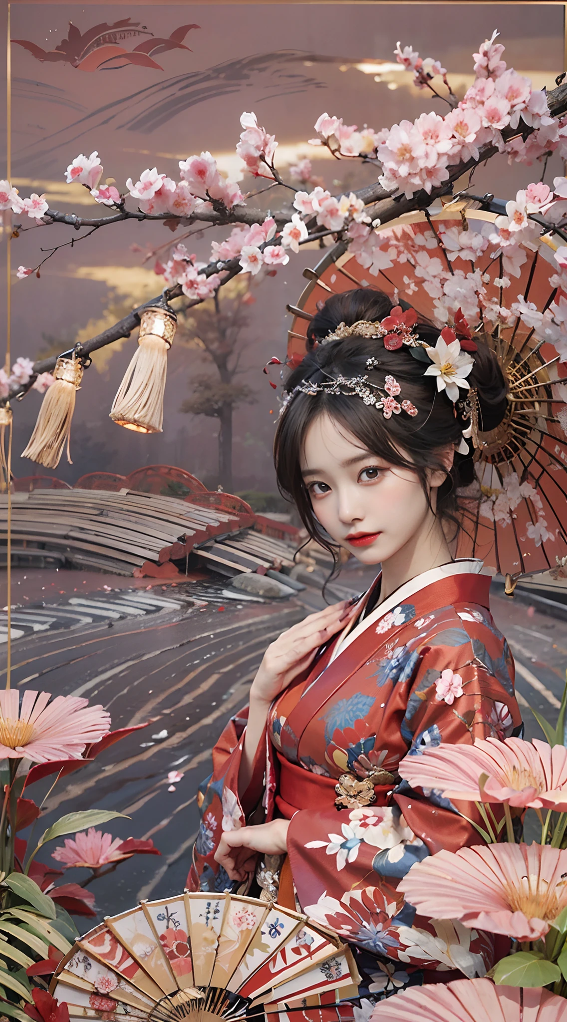 In a futuristic scene, Geisha in Japan with mechanical reinforcement、Elegant in elaborate gardens. She has beautifully detailed eyes and lips that complement her face. Geishas wear traditional kimonos with intricate patterns and designs. Around her are bright cherry trees and a quiet carp pond. The scene is painted with a blend of illustration and photorealism, Ultra-detailed brush strokes and clarity, Vivid colors. Lighting emphasizes the elegant features of the geisha, Gives her porcelain skin a soft glow. Artwork is of the highest quality, 4K or 8K resolution, Showcase the intricate details of geisha attire, cherry trees, And the shimmering scales of carp. The overall color scheme is、It is a combination of traditional shades of Japan, Crimson, etc., blacks, and subtle gold accents, With a futuristic twist. The fusion of ancient traditions and modern technology is、Create captivating and visually striking masterpieces.
