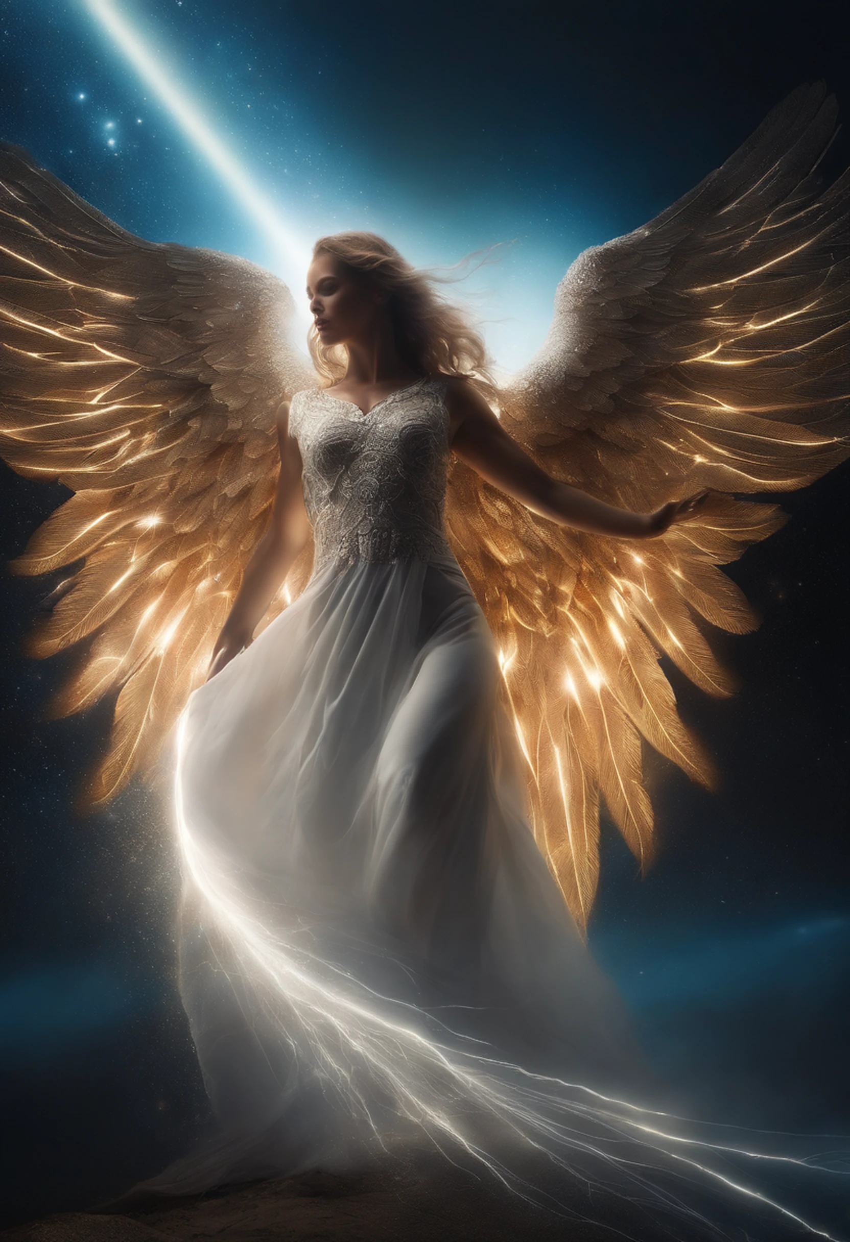 cosmic fallen angel, olhos claros brilhantes, Biomechanicals, estranho, assustador, Pesadelo, cores muito brilhantes, light particles, com luz brilhante, Mshiff, Arte do papel de parede, Papel de parede UHD