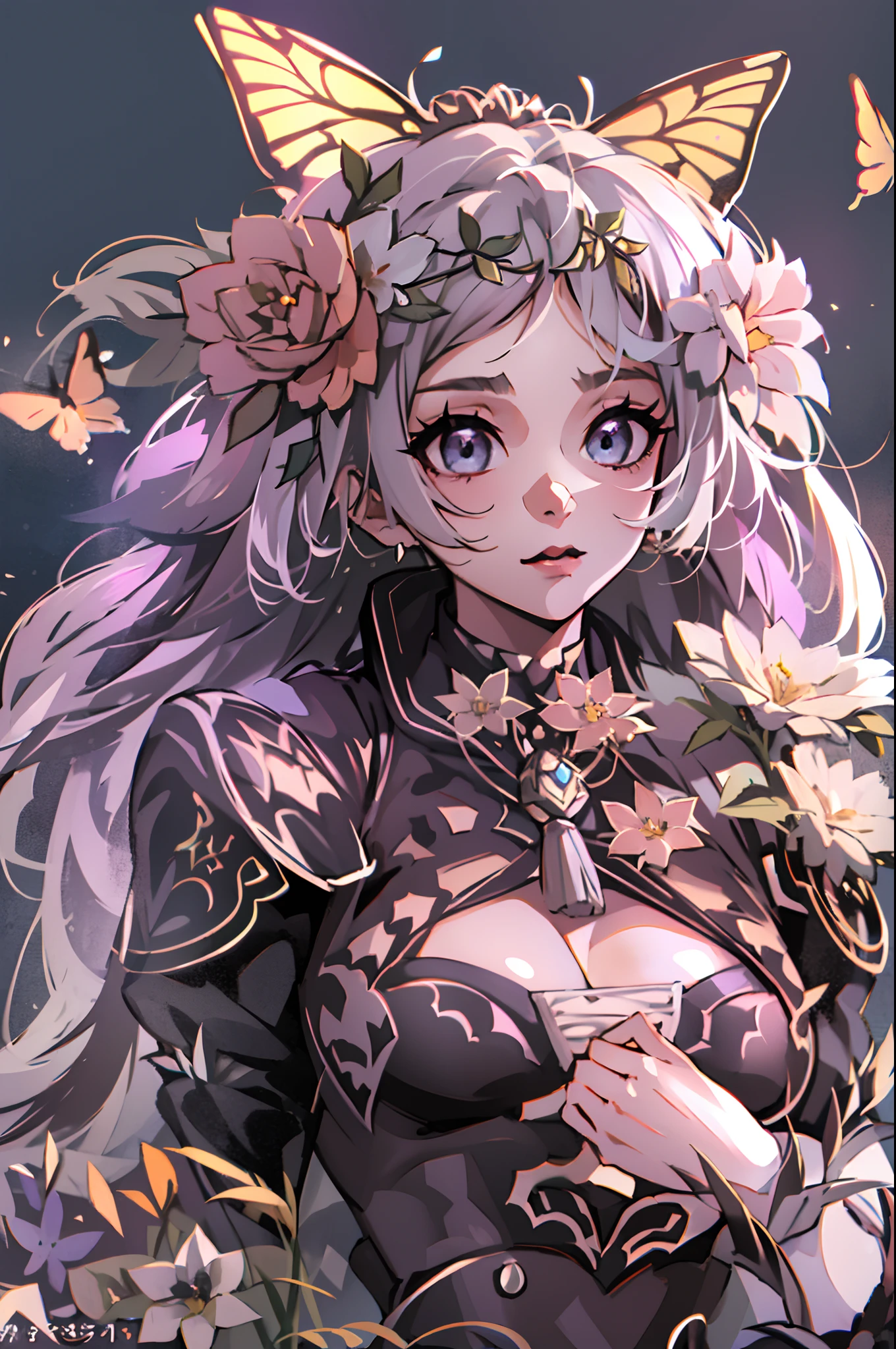 Octane Render、(Hyper-detailing: 1.15)、cinematic lightening、Taken from the side、Cute Fantasy Princess、Handgun shooting practice、Fine Pattern Pistol,long boots、ultradetailed eyes、Full Paint、（Floral hair ornament、butterfly hair ornament）、masutepiece、Anatomically correct、blur、depth of fields