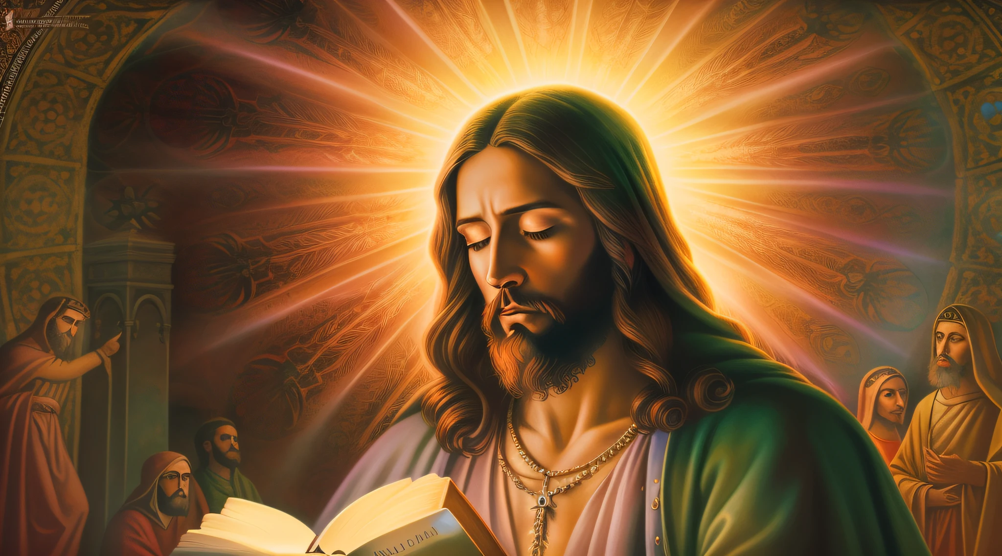 A painting of Jesus reading a book with a shining halo, bible illustration, holy fire spell art, O Senhor e Salvador, Jesus Cristo, imagens religiosas, sua mente contemplando a eternidade, holy flame spell, glowing halo above his head, beautiful depiction, imagens sagradas, arte conceitual de deus, Directed by: Aleksander Gierymski, artistic depiction, Raios de Luz Sagrada Sagrada